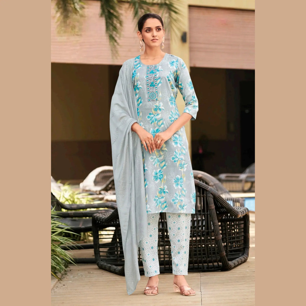 Grey Blue Floral Printed Salwar Suit with Embroidered Neck & Sequence Work Dupatta  - Rashmika - GR264