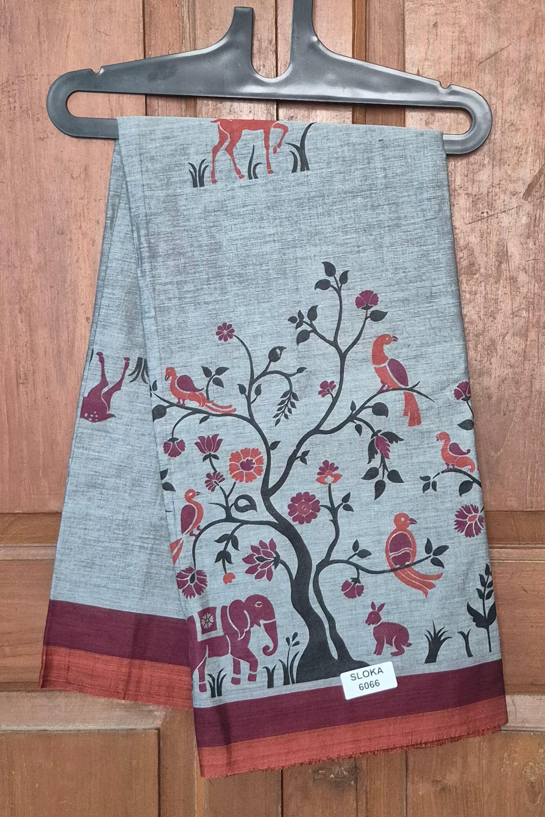 Grey Cotton Printed Saree with Maroon Nature Print - SLOKA6066D Main image