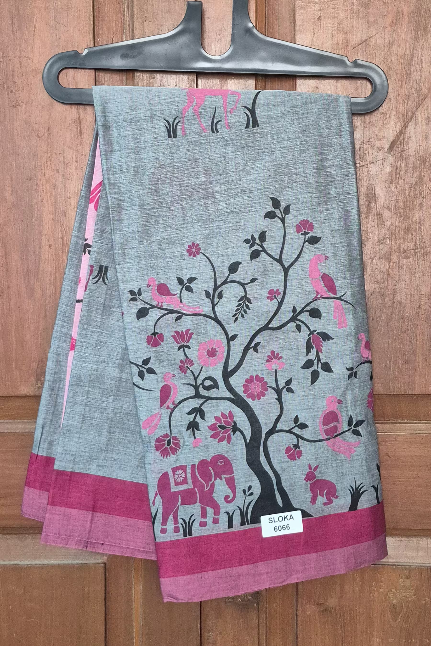 Grey Cotton Printed Saree with Pink Border Elephant & Bird Nature Design