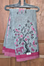 Grey Cotton Printed Saree with Pink Border Elephant & Bird Nature Design