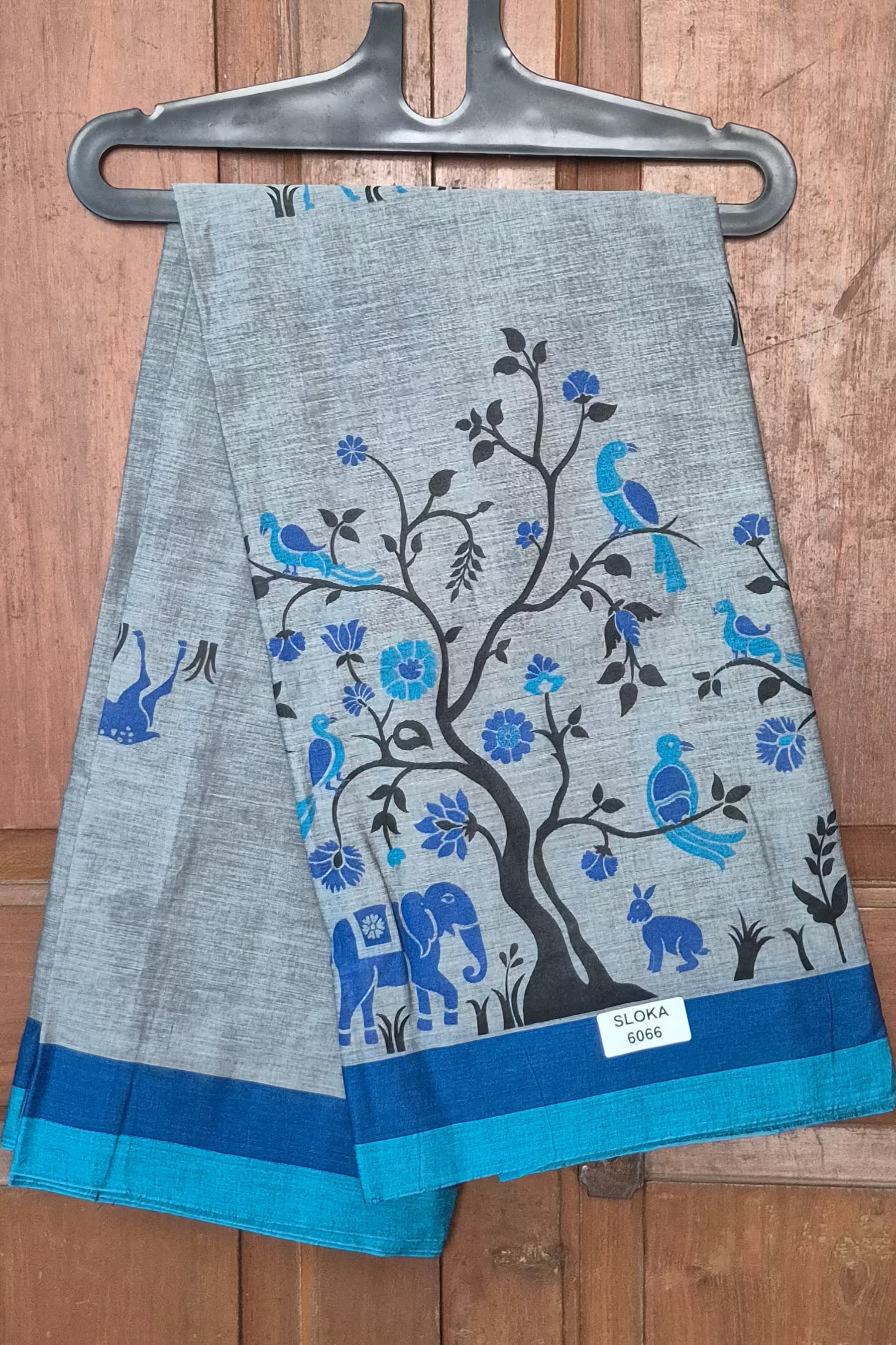 Grey Cotton Printed Saree with Royal Blue Nature Print - SLOKA6066B Main image
