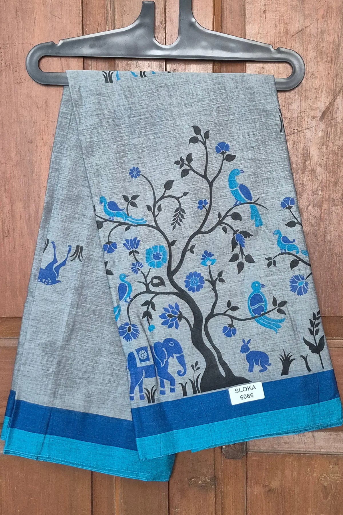 Grey Cotton Printed Saree with Royal Blue Nature Print
