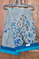 Grey Cotton Printed Saree with Royal Blue Nature Print