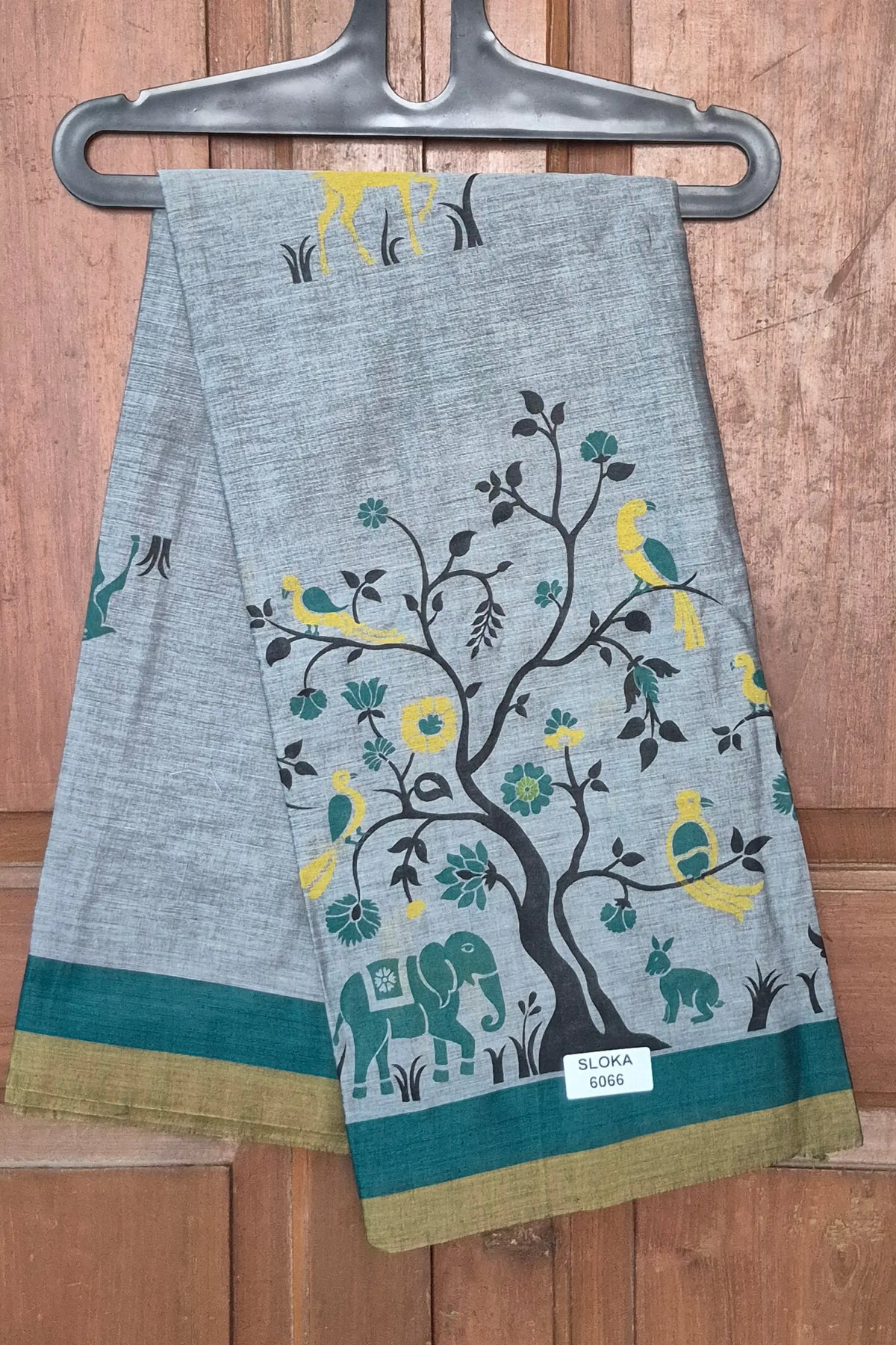 Grey Cotton Printed Saree with Yellow & Teal Nature Print