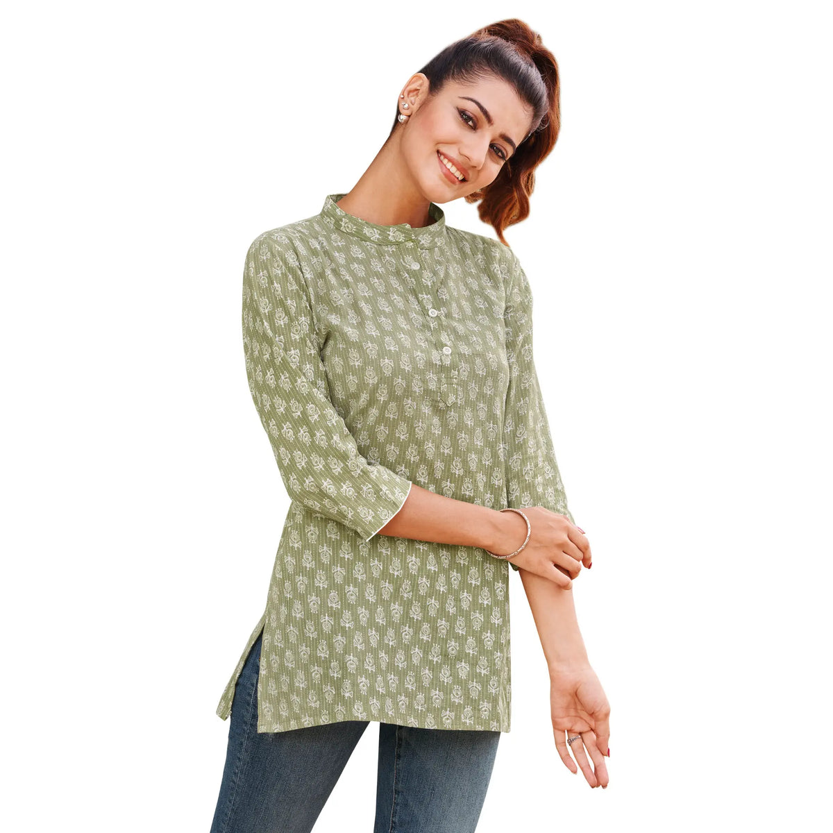 Grey Olive Floral Butta Mandrin Collar Cotton Short Tops Main image