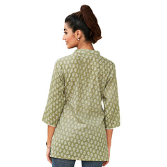 Grey Olive Floral Butta Mandrin Collar Cotton Short Tops