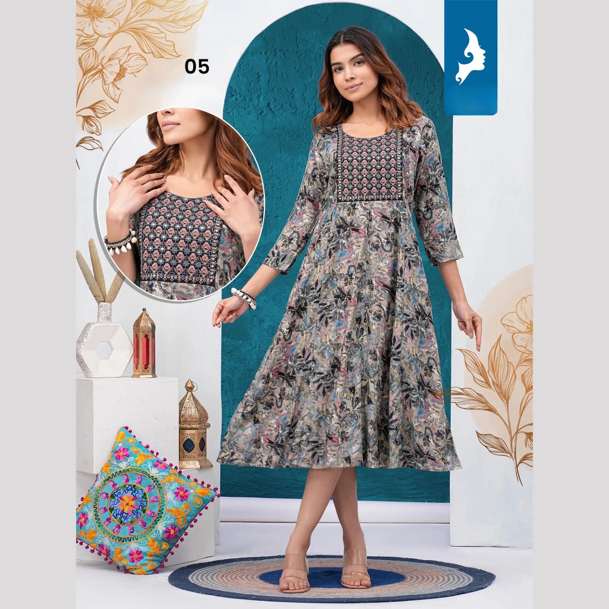 Grey Reyon Print Umbrella Kurti