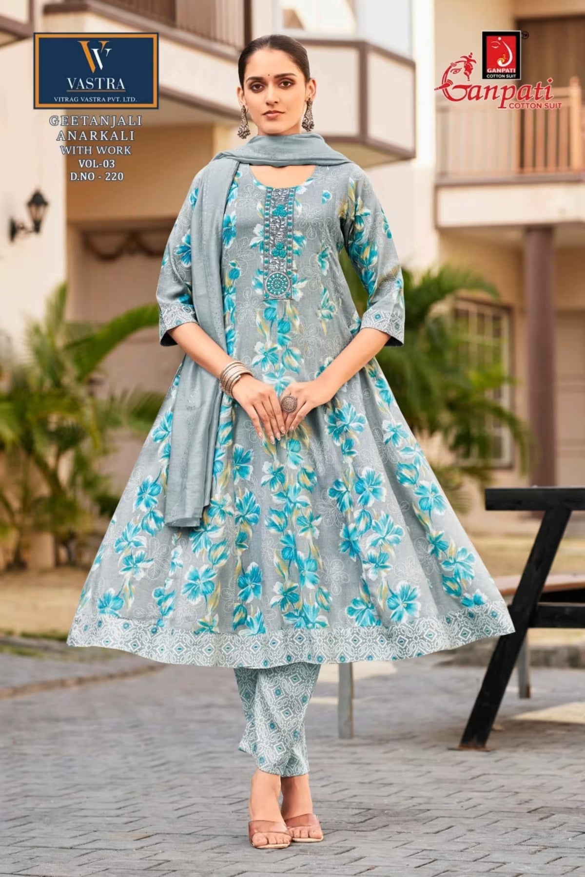 Grey Blue Floral Printed Anarkali Suit with Embroidered Neck & Sequence Work Dupatta - Ganpati Geetanjali - 220 | Bavis Clothing