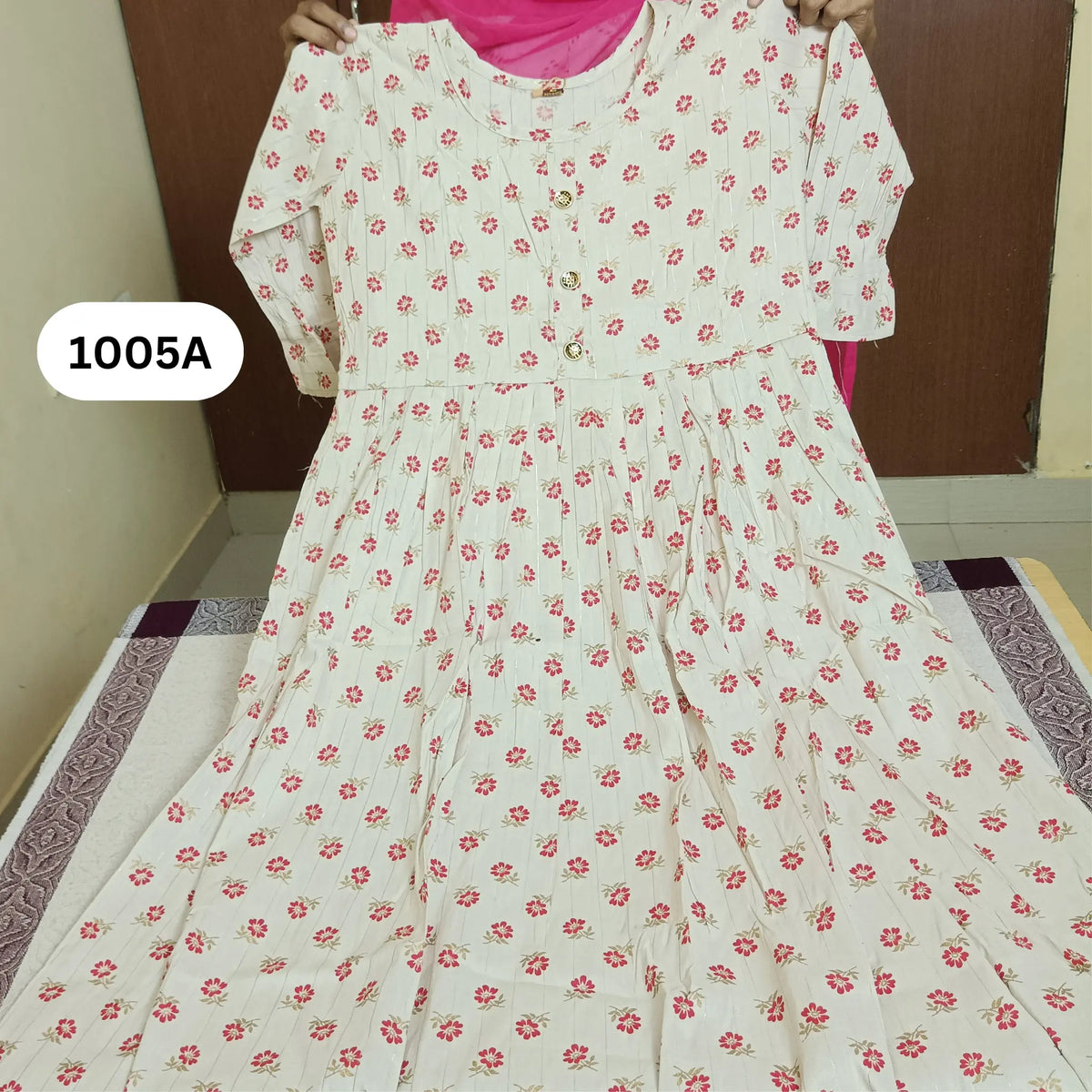 Half Dutch White Butta Flared Kurti | Floral Detail Main image