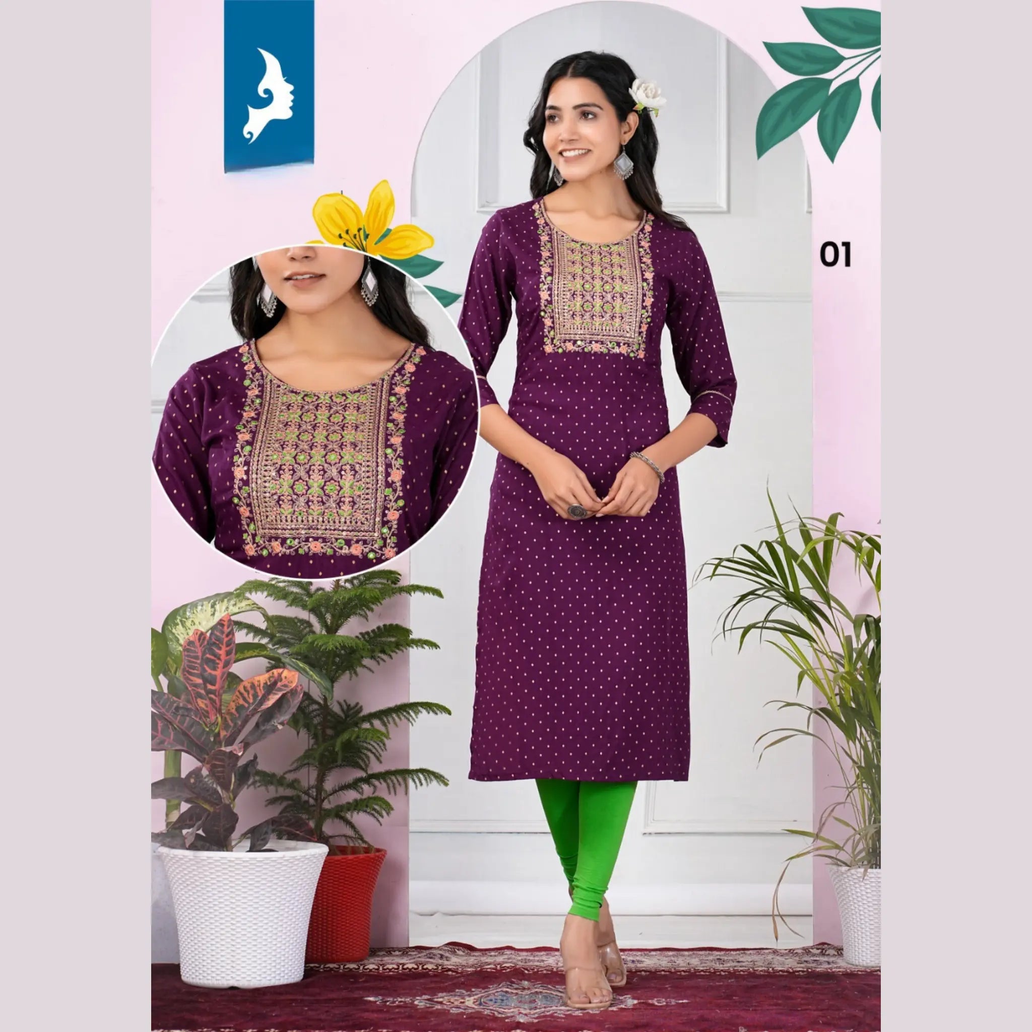 Heavy Rayon Slub Print with Embroidery Yoke Straight Cut Kurti KK01 Main image