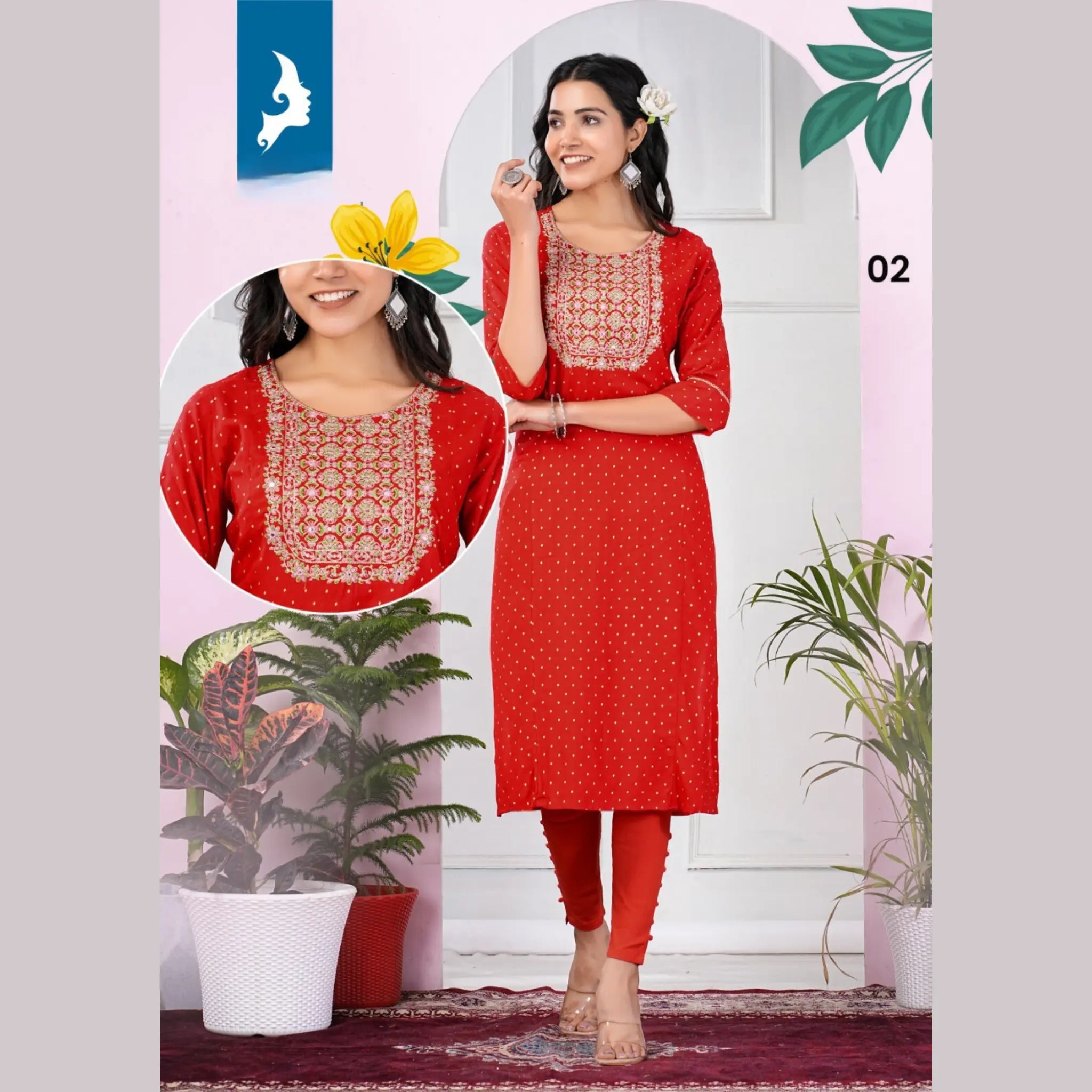 Heavy Rayon Slub Print with Embroidery Yoke Straight Cut Kurti KK02 Main image