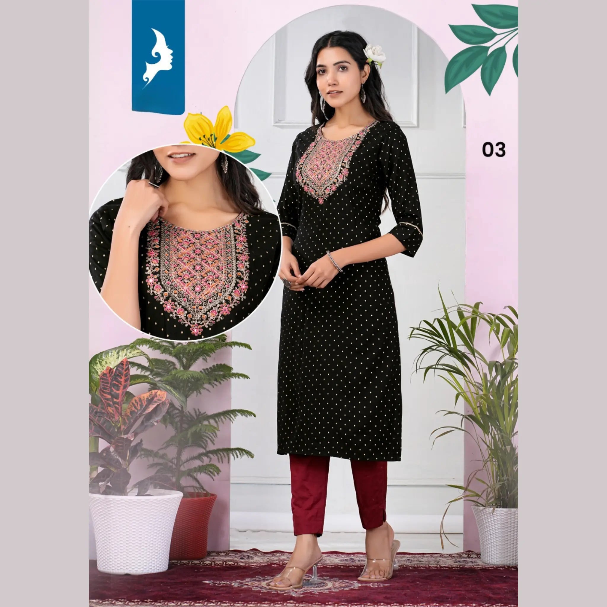 Heavy Rayon Slub Print with Embroidery Yoke Straight Cut Kurti KK03 Main image