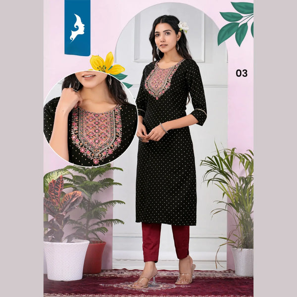 Heavy Rayon Slub Print with Embroidery Yoke Straight Cut Kurti KK03