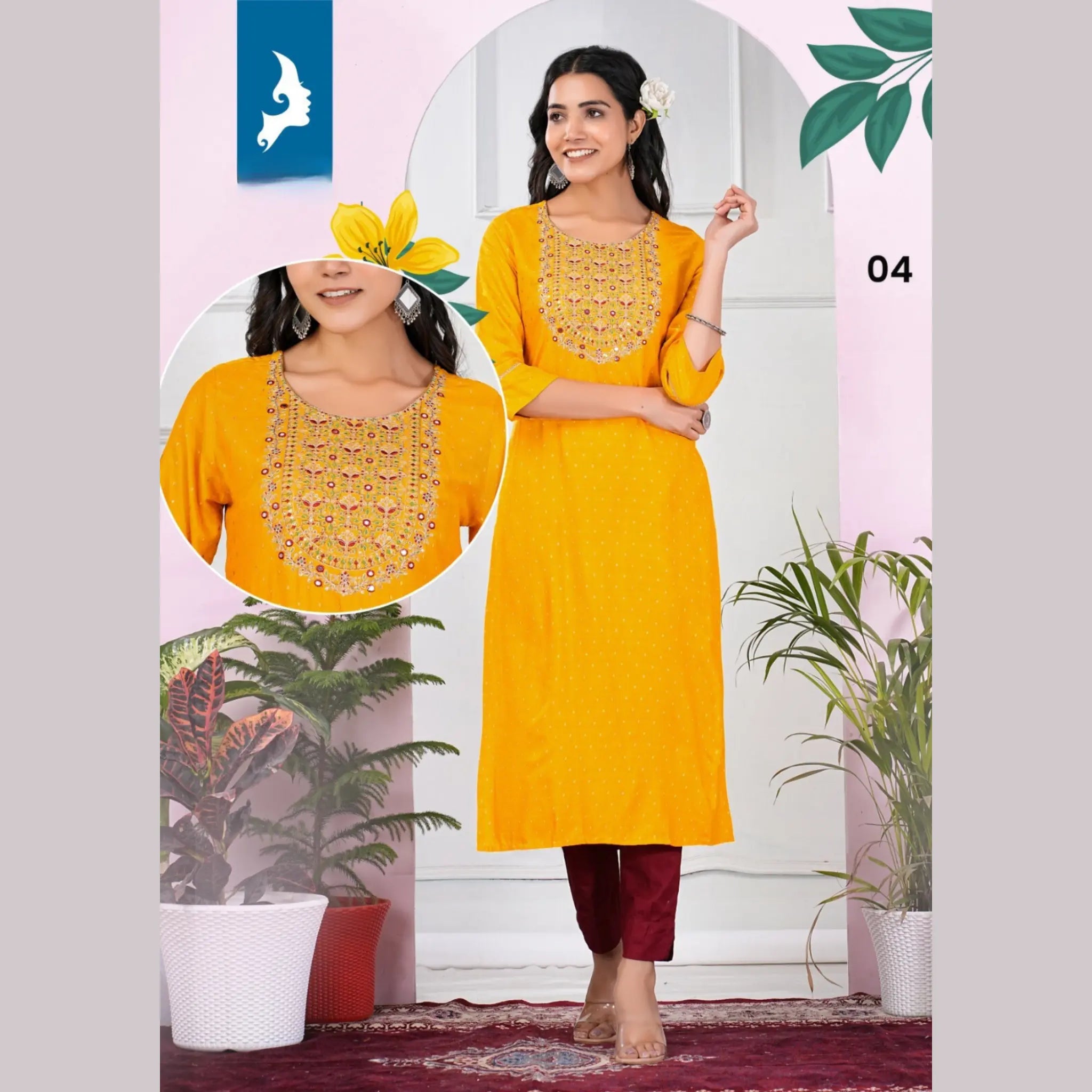 Heavy Rayon Slub Print with Embroidery Yoke Straight Cut Kurti KK04 Main image