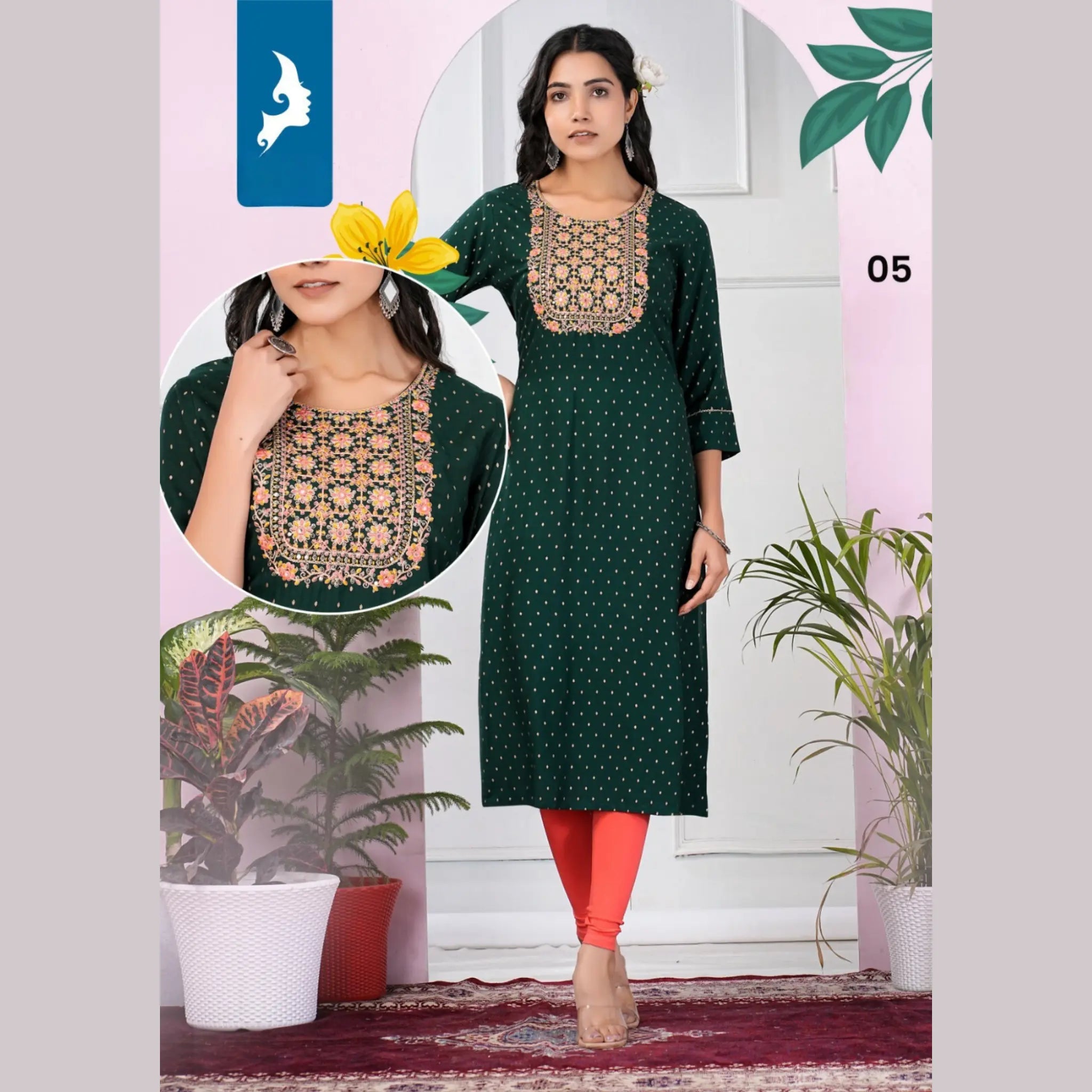 Heavy Rayon Slub Print with Embroidery Yoke Straight Cut Kurti KK05 Main image