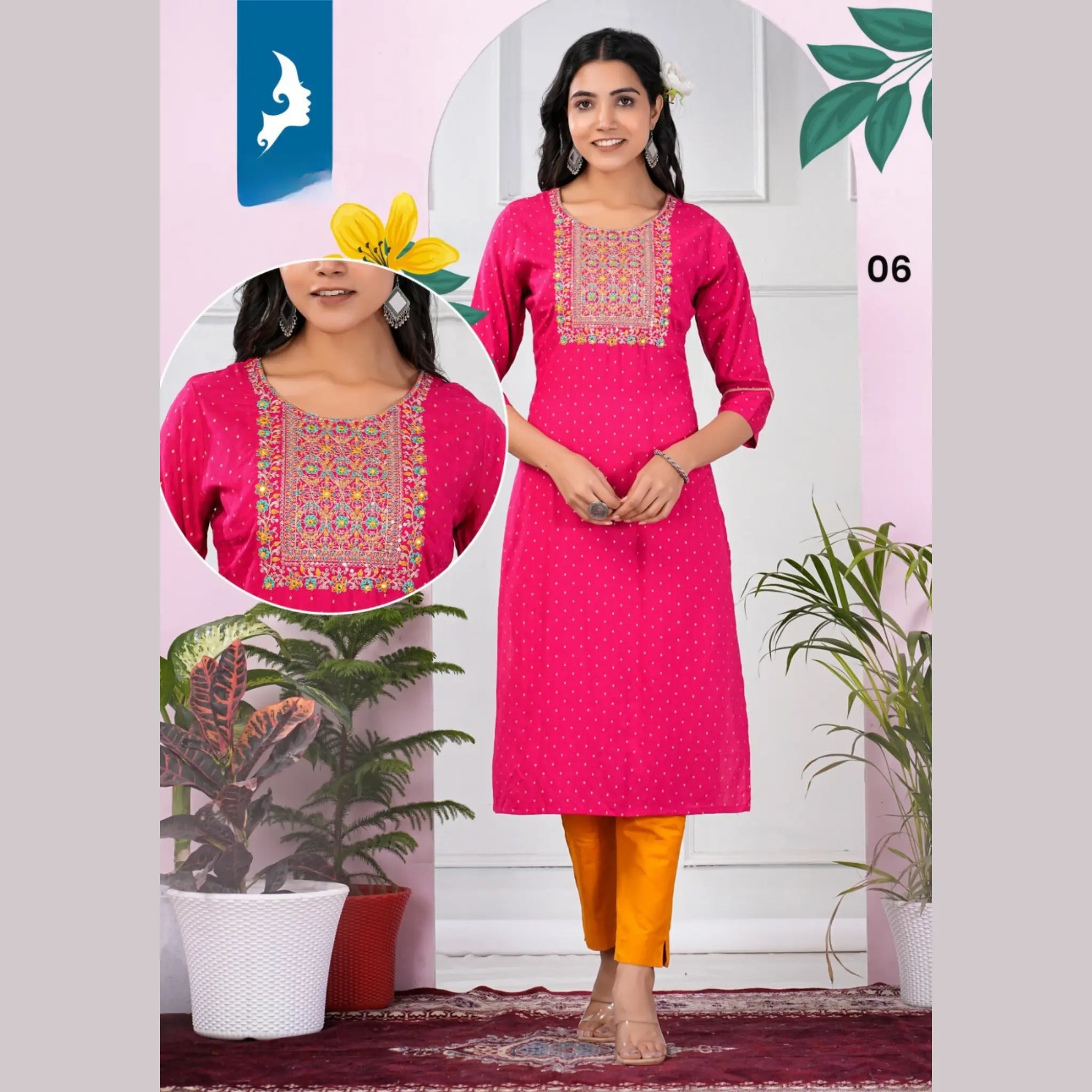 Heavy Rayon Slub Print with Embroidery Yoke Straight Cut Kurti KK06 Main image