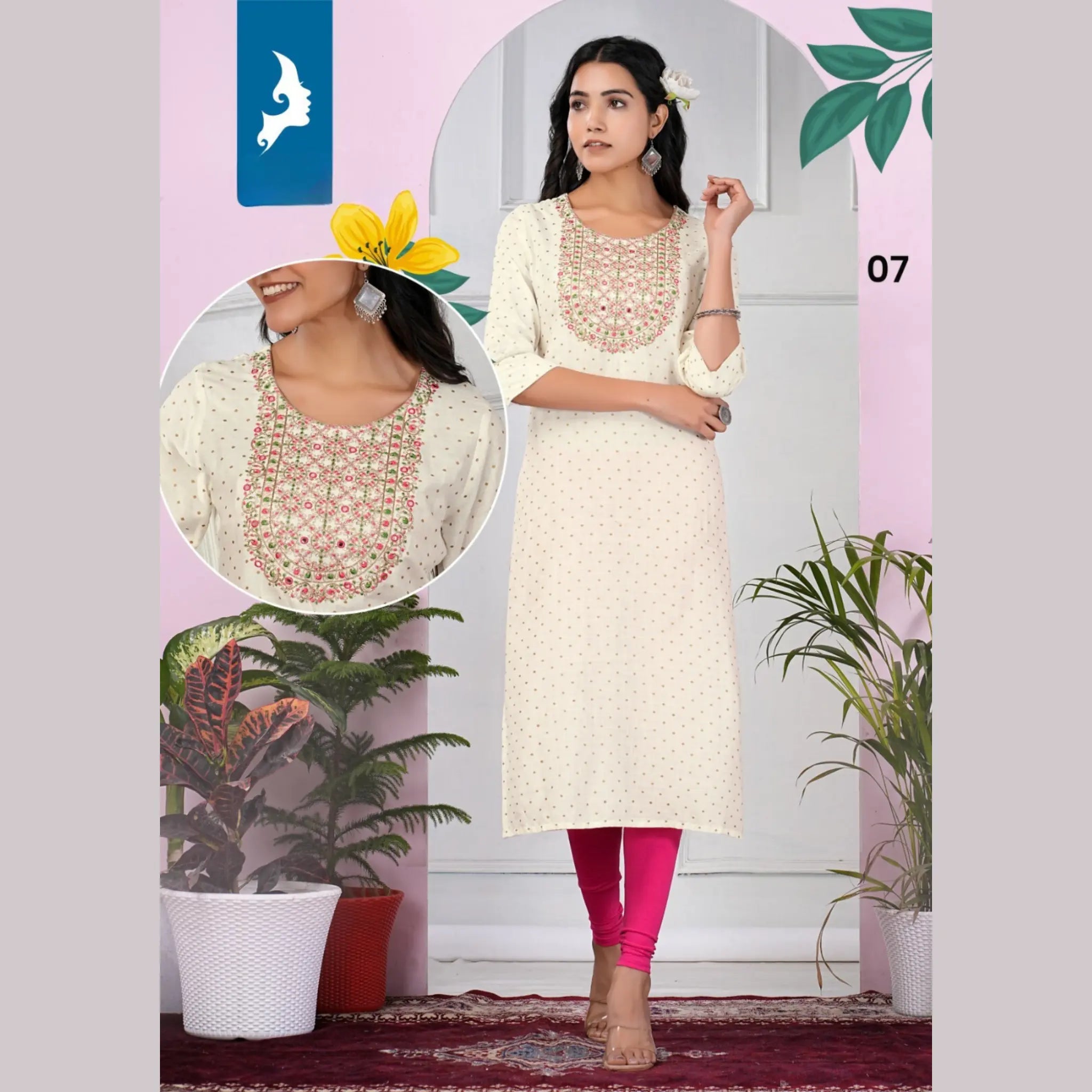 Heavy Rayon Slub Print with Embroidery Yoke Straight Cut Kurti KK07 Main image