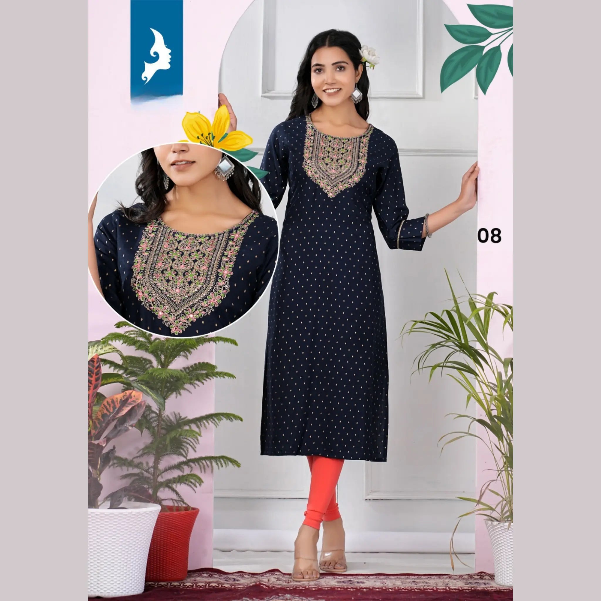 Heavy Rayon Slub Print with Embroidery Yoke Straight Cut Kurti KK08 Main image
