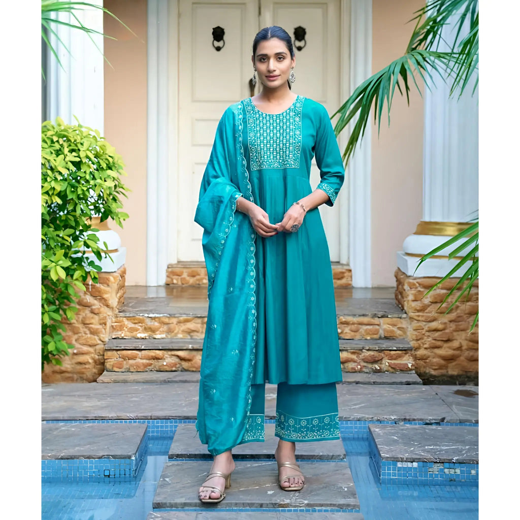 Italian Viscose Embroidered Suit Set with Chanderi Dupatta