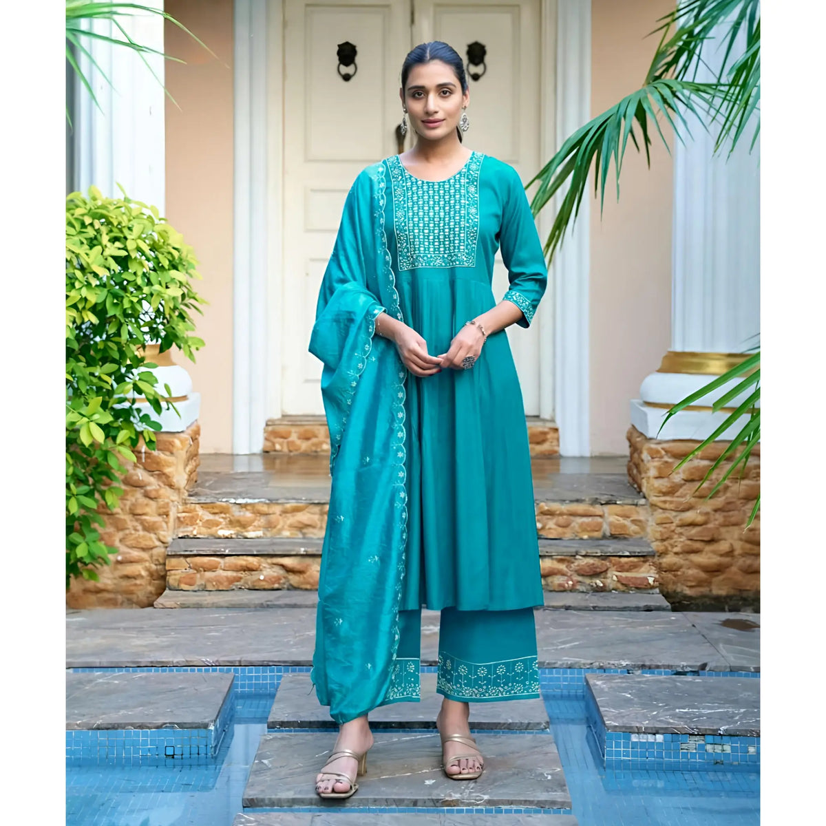 Italian Viscose Embroidered Suit Set with Chanderi Dupatta Main image