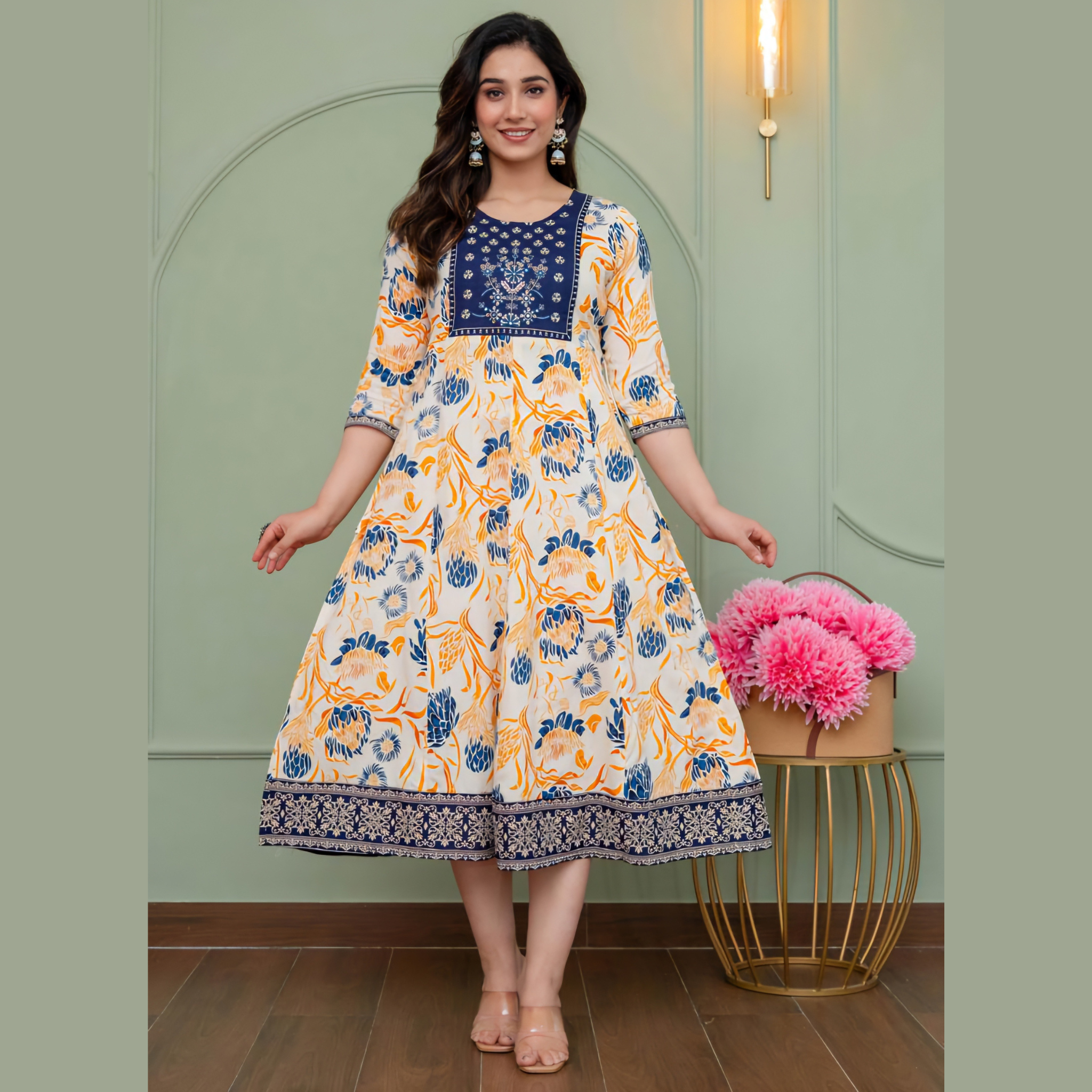 Ivory Blue Floral Printed Anarkali Kurti for Women _ Ethnic Border Detailing Main image