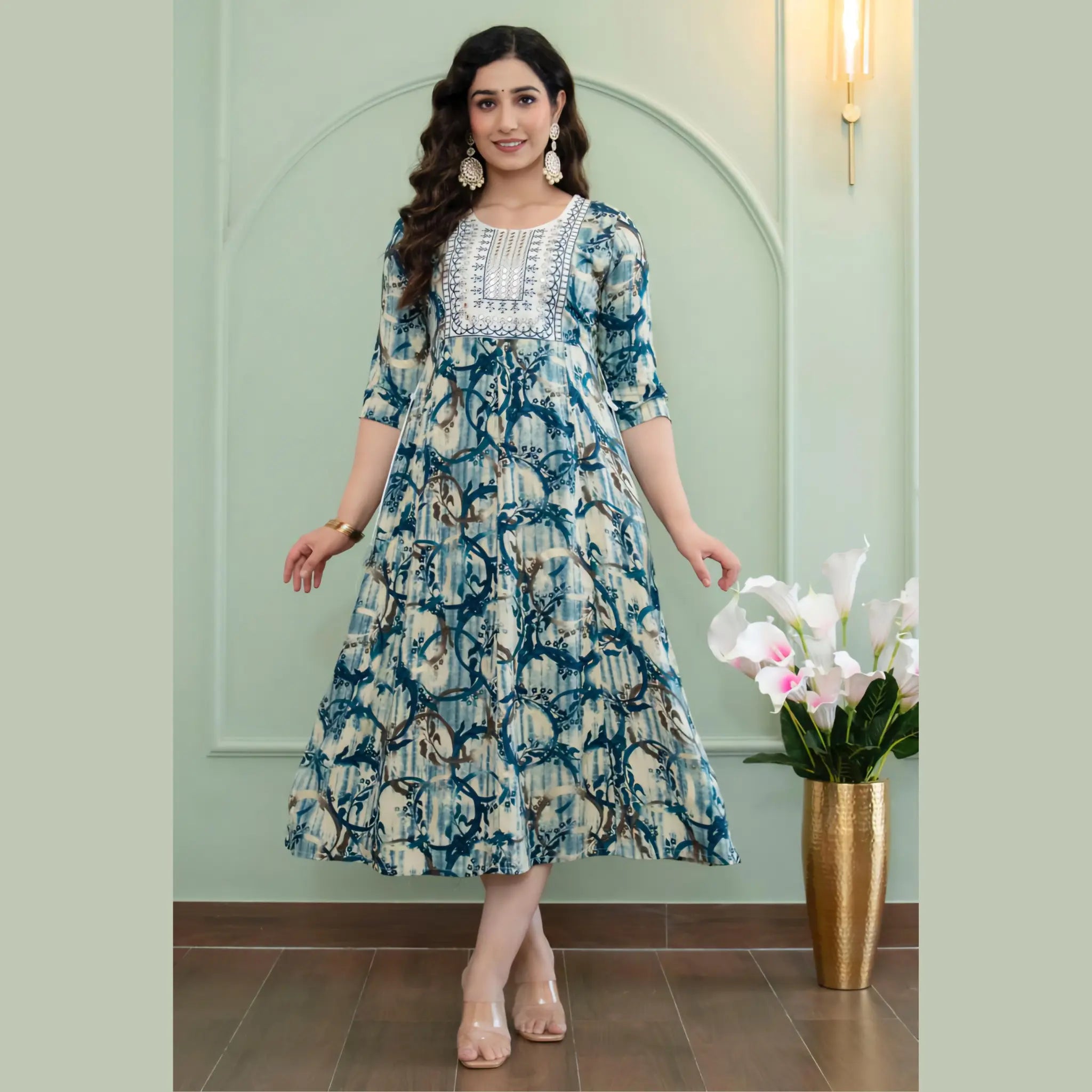 Ivory Blue Printed Anarkali Kurti for Women _ Contemporary Ethnic Style