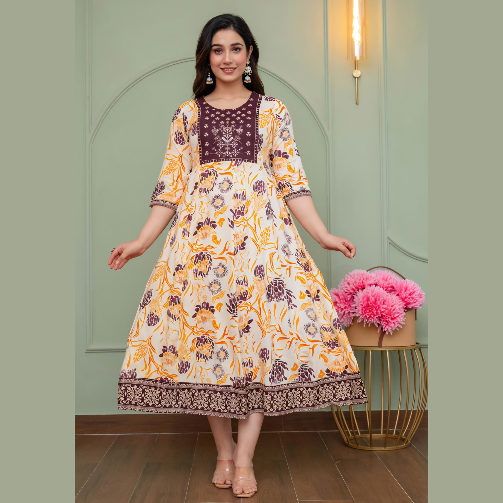 Ivory Floral Printed Anarkali Kurti for Women _ Contrast Yoke & Border Design