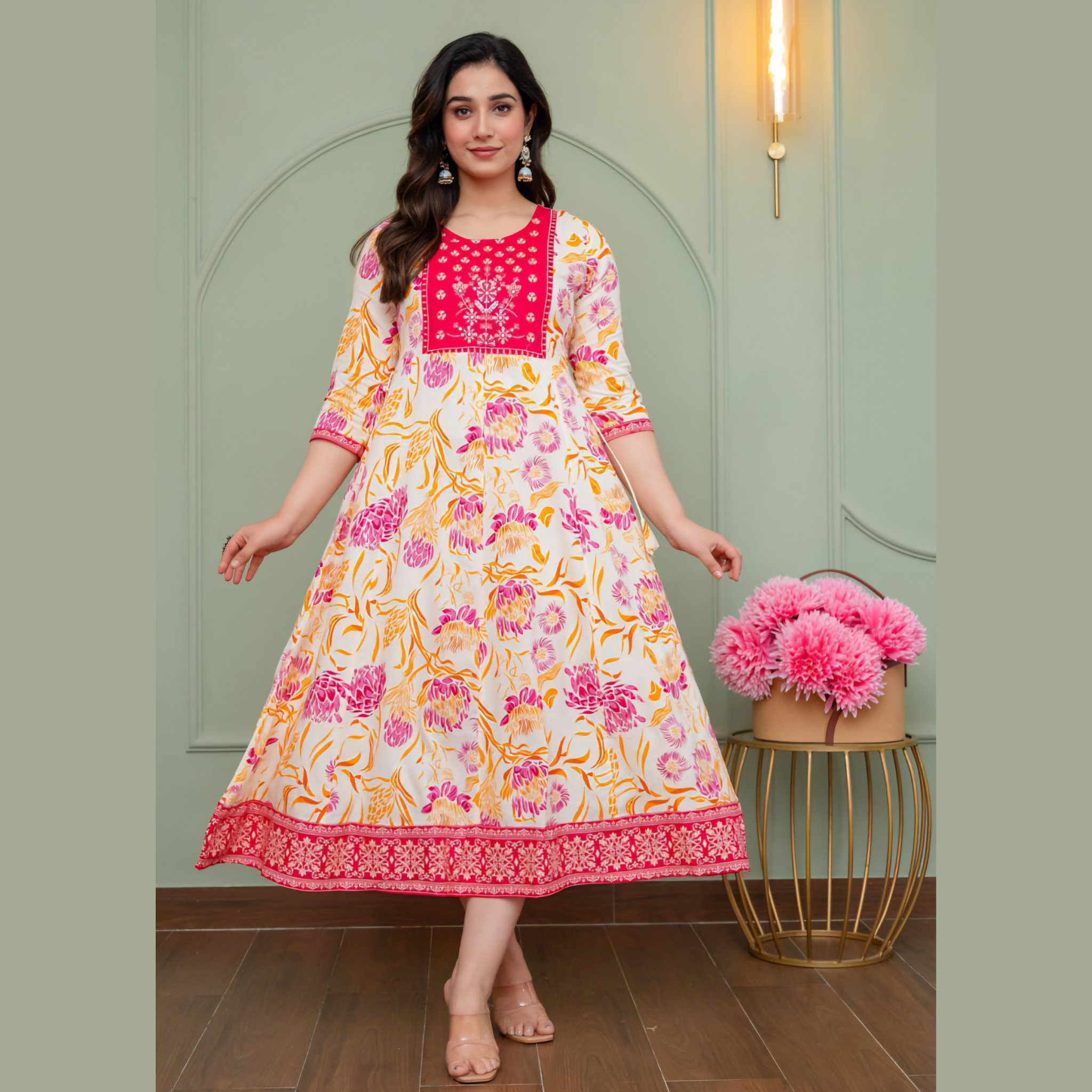 Ivory Pink Floral Printed Anarkali Kurti for Women _ Festive Ethnic Style Main image