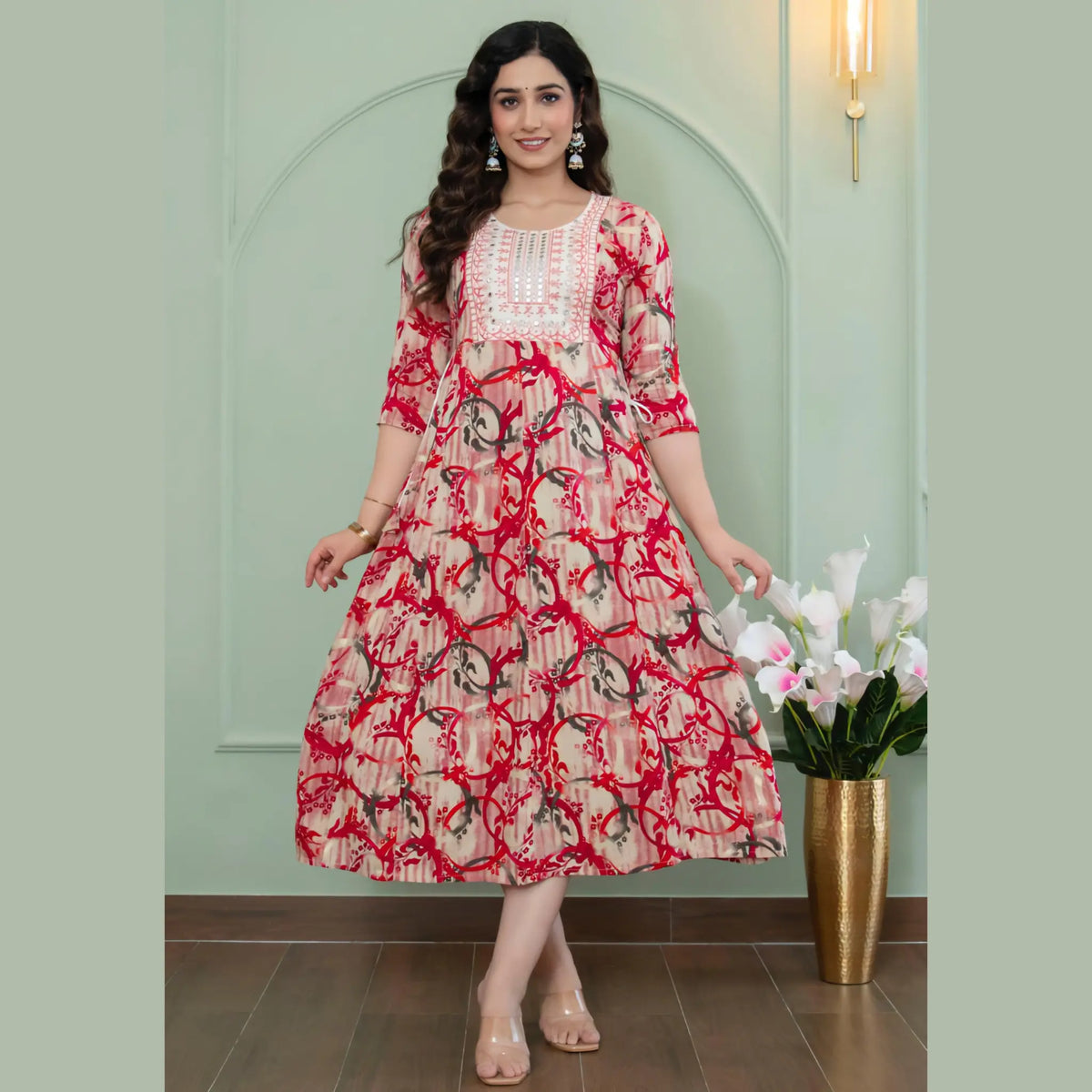 Ivory Red Printed Anarkali Kurti for Women _ Artistic Ethnic Design