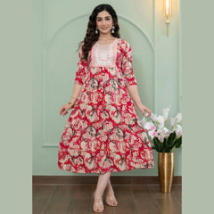 Ivory Red Printed Anarkali Kurti for Women _ Artistic Ethnic Design