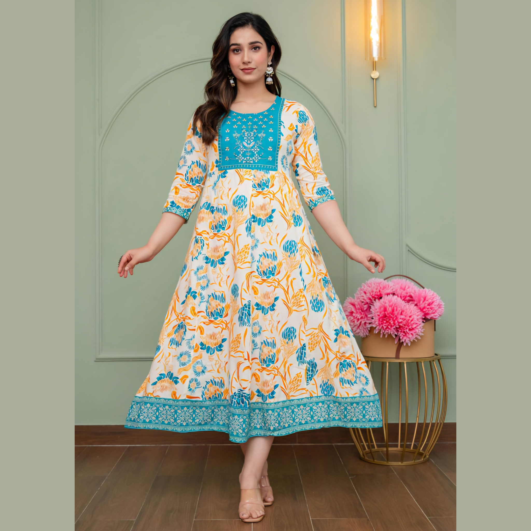 Ivory Teal Floral Printed Anarkali Kurti for Women _ Ethnic Flared Design Main image