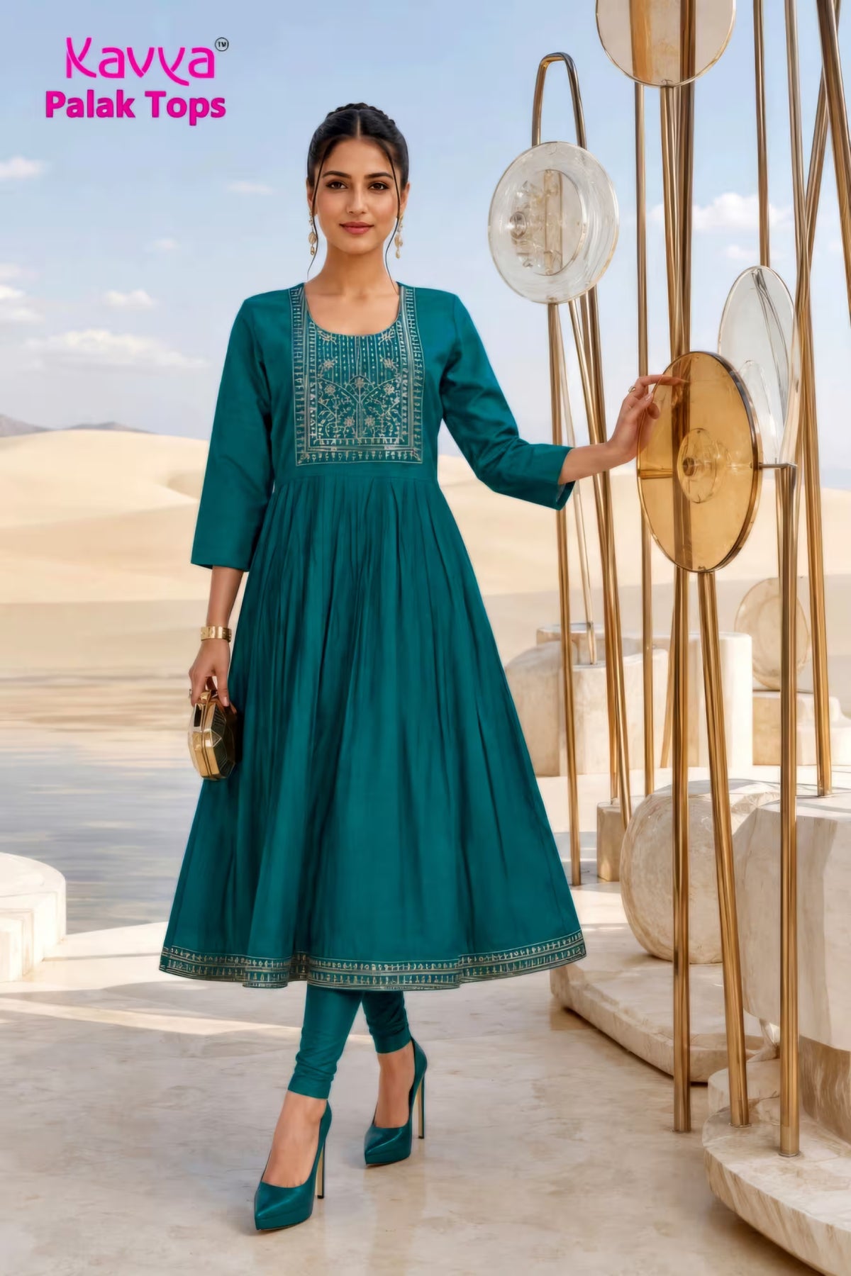 Kavya - Plain Vetican Fabric - Umbrella Cut - Beautiful Neck Embroidery Tops - KPT07 Main image