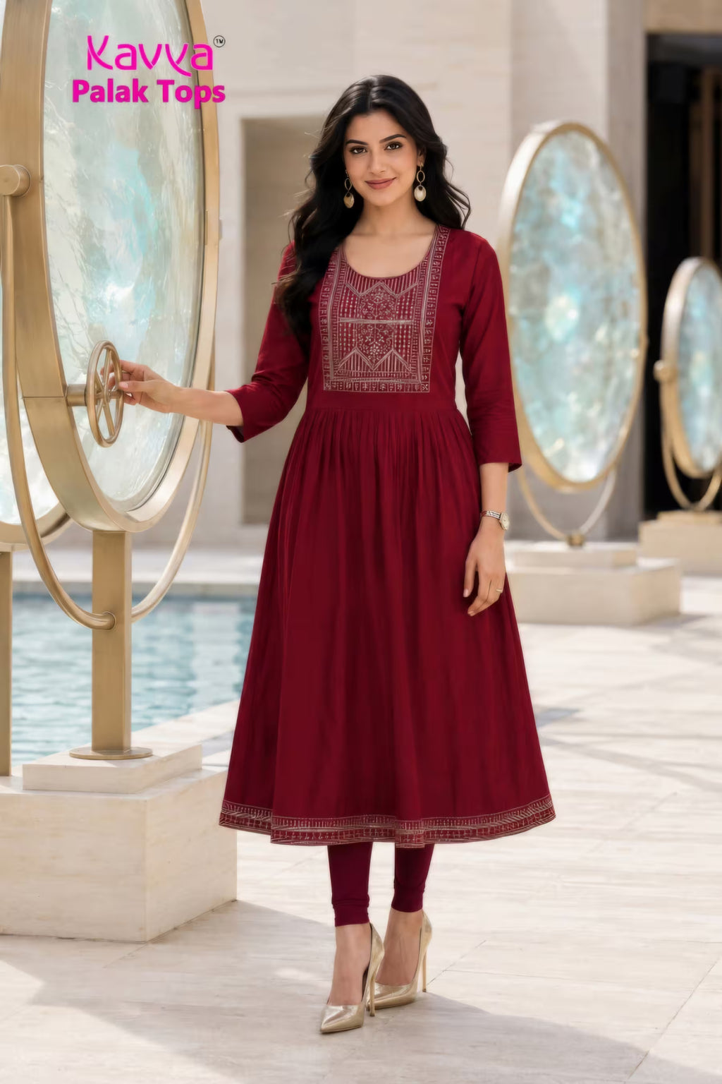 Kavya - Plain Vetican Fabric - Umbrella Cut - Beautiful Neck Embroidery Tops - KPT10