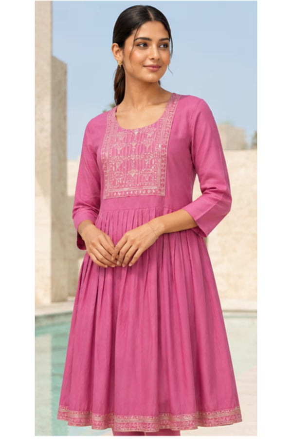 Side Angle View - Kavya - Plain Vetican Fabric - Umbrella Cut - Beautiful Neck Embroidery Tops - KPT18