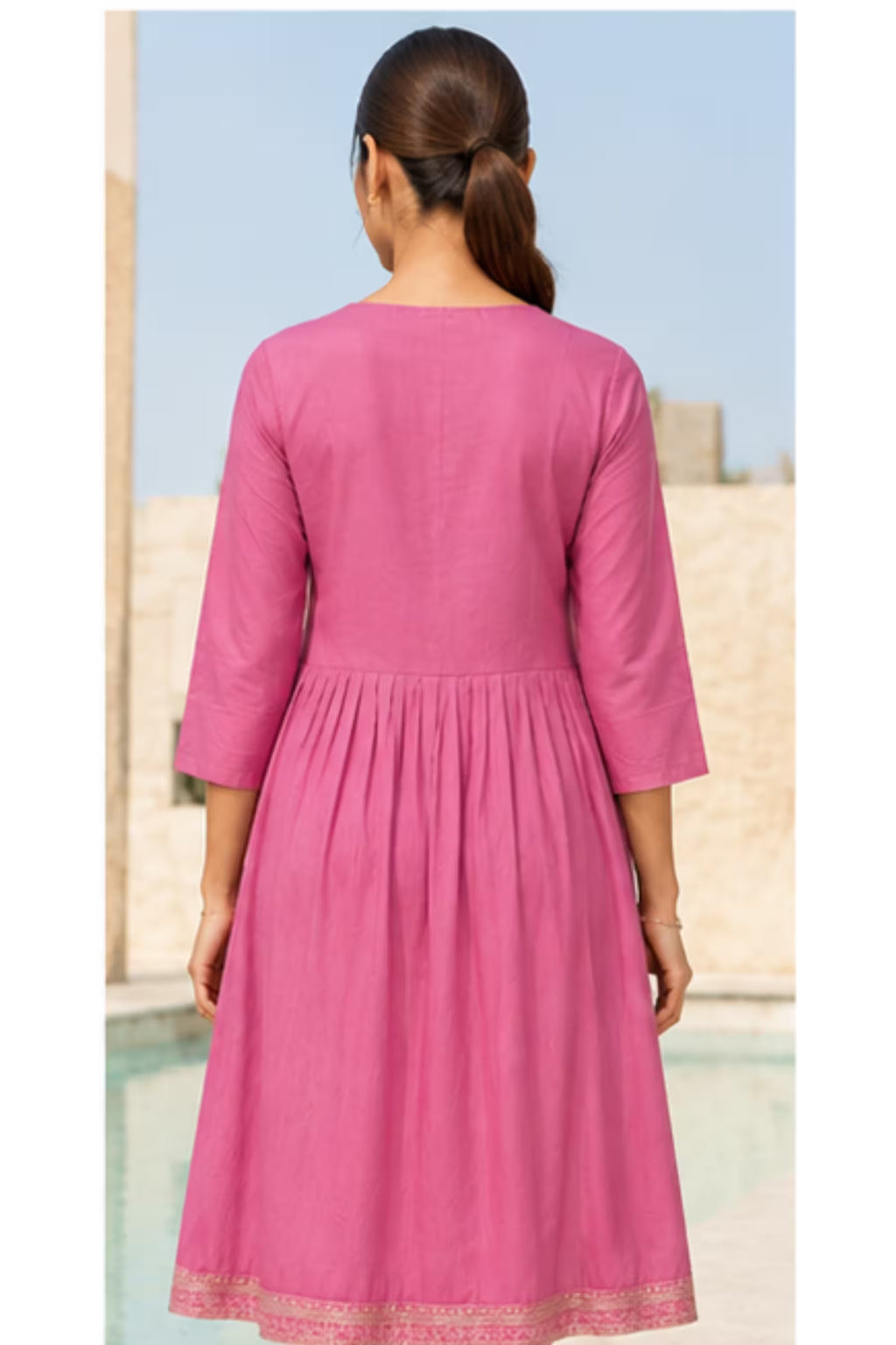 Back View - Kavya - Plain Vetican Fabric - Umbrella Cut - Beautiful Neck Embroidery Tops - KPT18