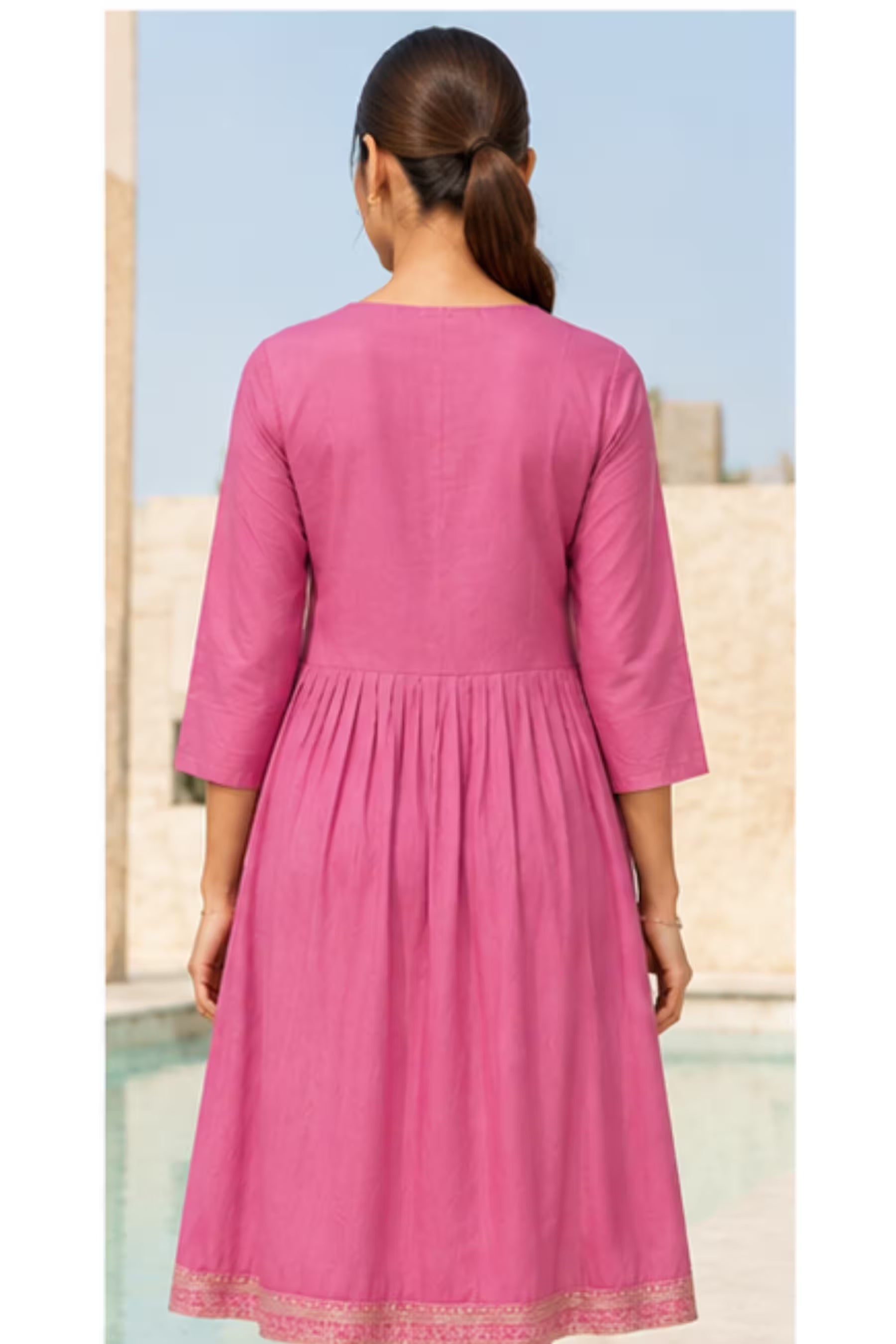 Back View - Kavya - Plain Vetican Fabric - Umbrella Cut - Beautiful Neck Embroidery Tops - KPT18