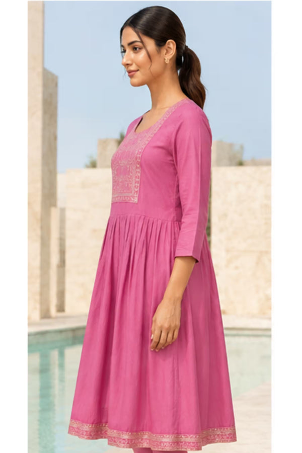 Side Angle View - Kavya - Plain Vetican Fabric - Umbrella Cut - Beautiful Neck Embroidery Tops - KPT18