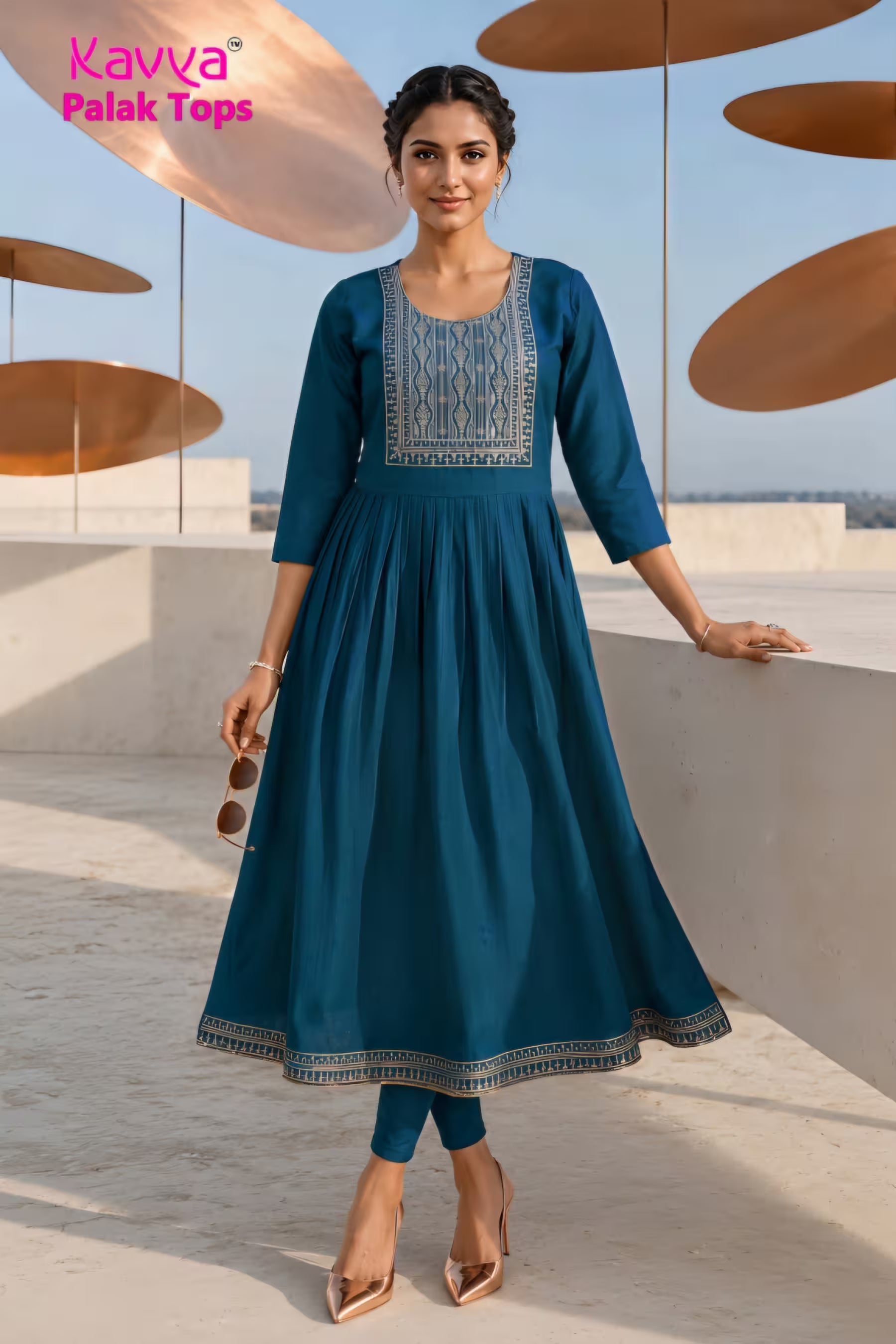 Kavya - Plain Vetican Fabric - Umbrella Cut - Beautiful Neck Embroidery Tops - KPT22 Main image
