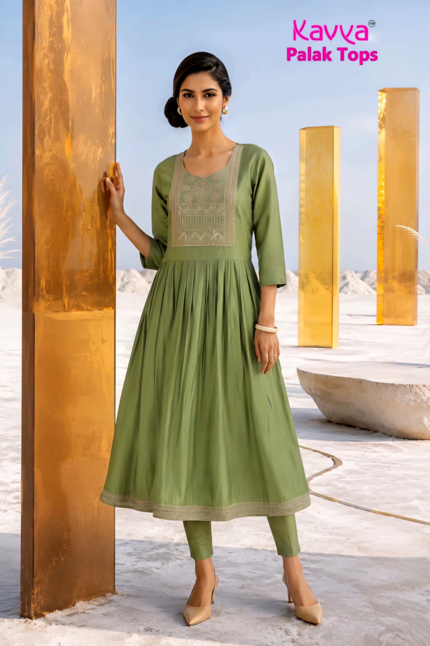 Kavya - Plain Vetican Fabric - Umbrella Cut - Beautiful Neck Embroidery Tops - KPT24 Main image