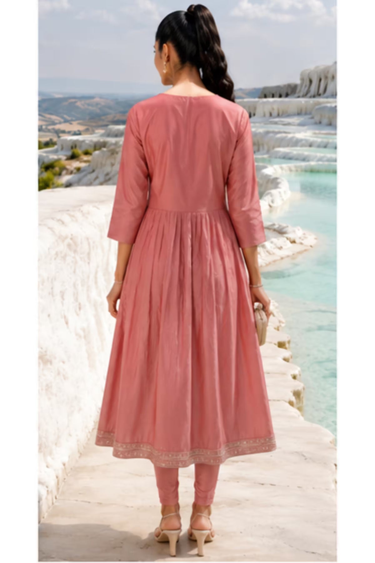 Back Angle - Kavya - Plain Vetican Fabric - Umbrella Cut - Beautiful Neck Embroidery Tops - KPT01