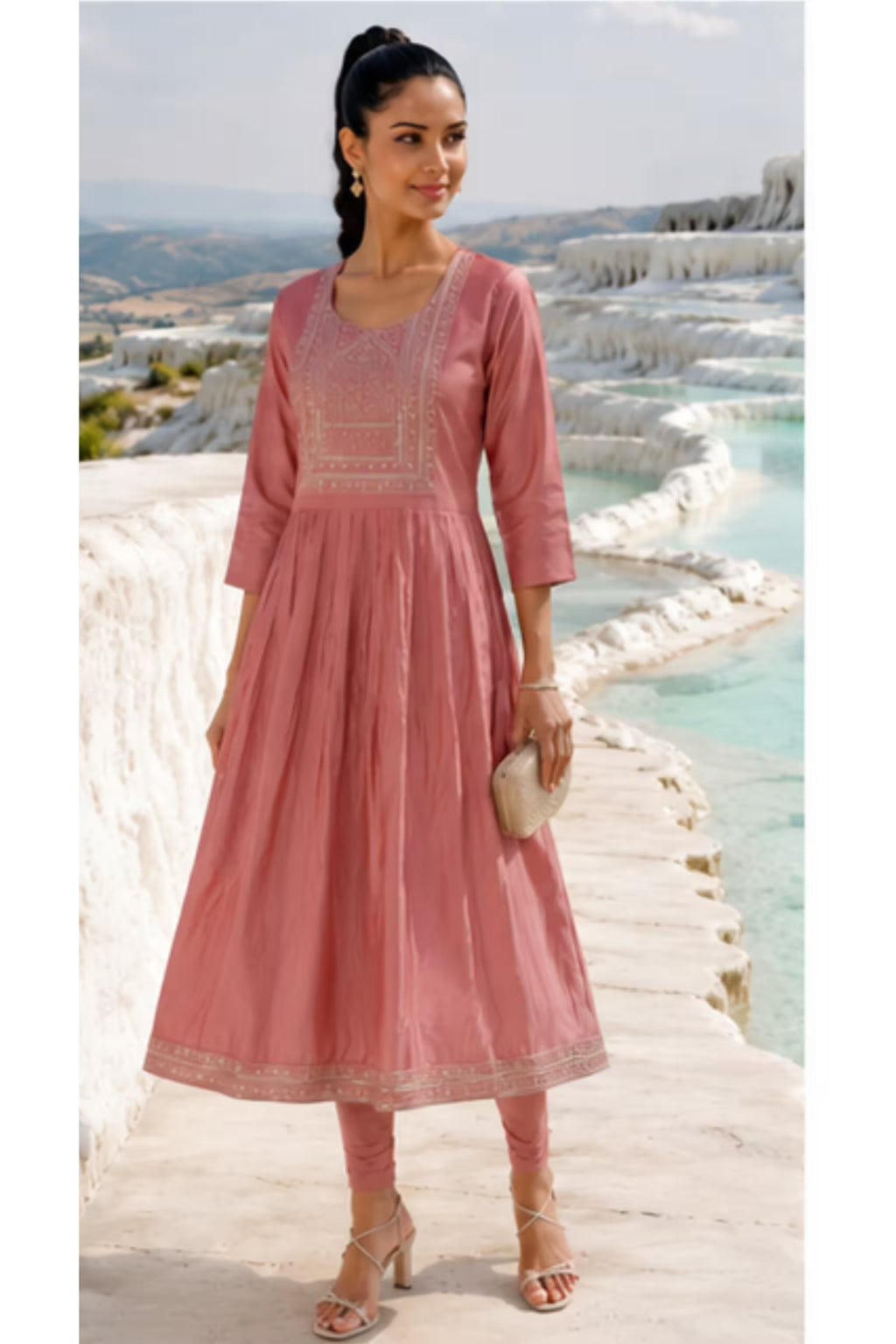 Side Angle - Kavya - Plain Vetican Fabric - Umbrella Cut - Beautiful Neck Embroidery Tops - KPT01