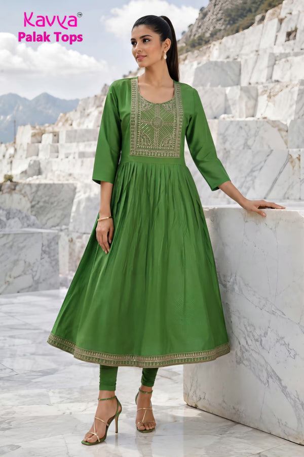 Kavya - Plain Vetican Fabric - Umbrella Cut - Beautiful Neck Embroidery Tops - KPT02
