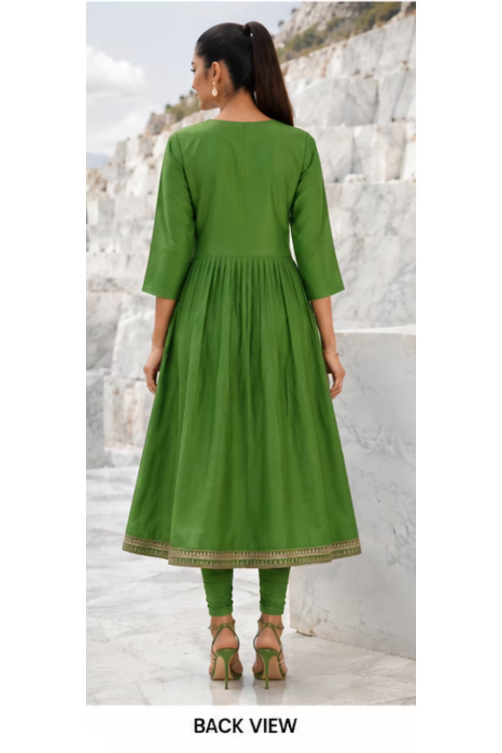 Back View - Kavya - Plain Vetican Fabric - Umbrella Cut - Beautiful Neck Embroidery Tops - KPT02