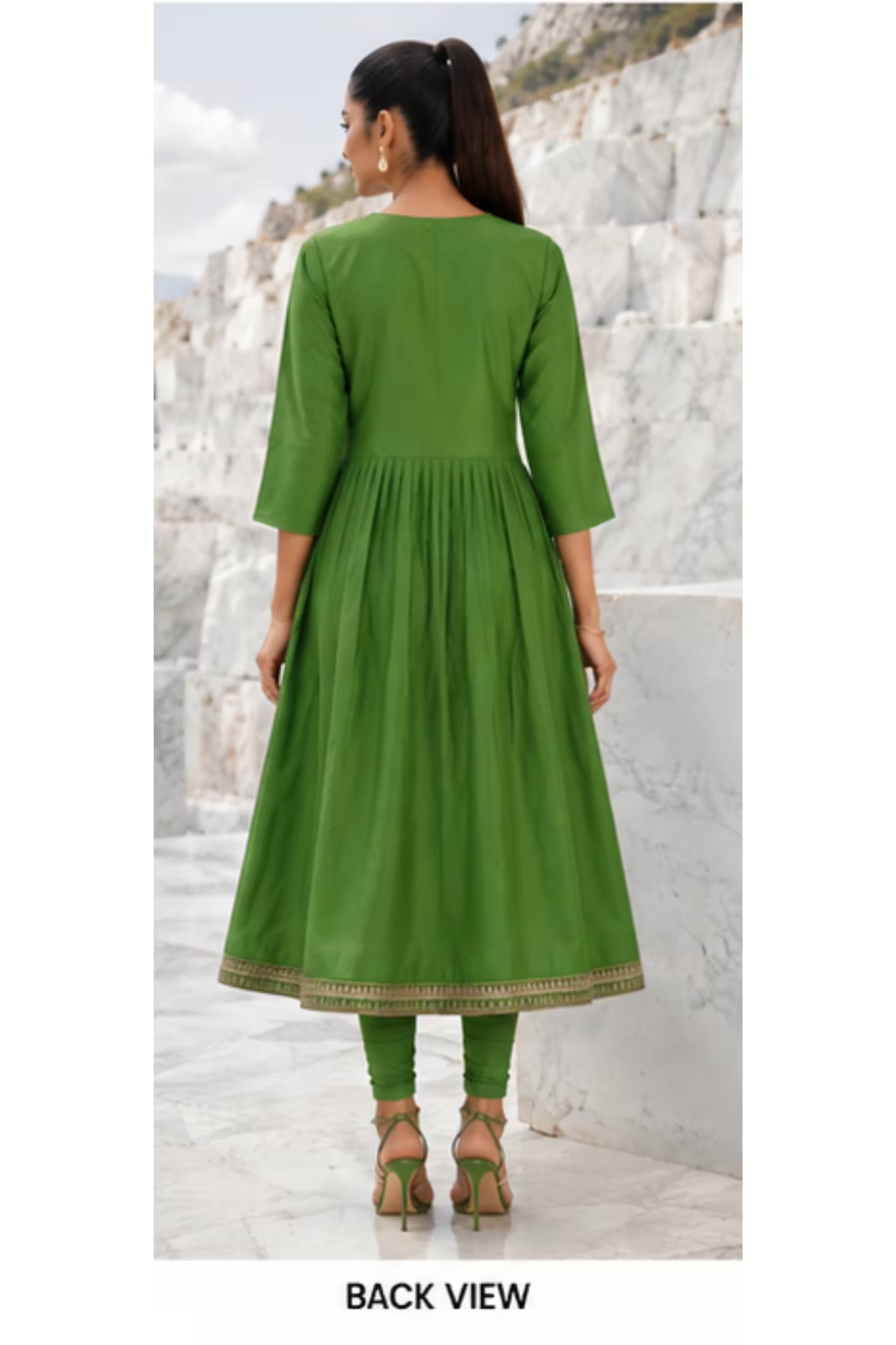 Back View - Kavya - Plain Vetican Fabric - Umbrella Cut - Beautiful Neck Embroidery Tops - KPT02