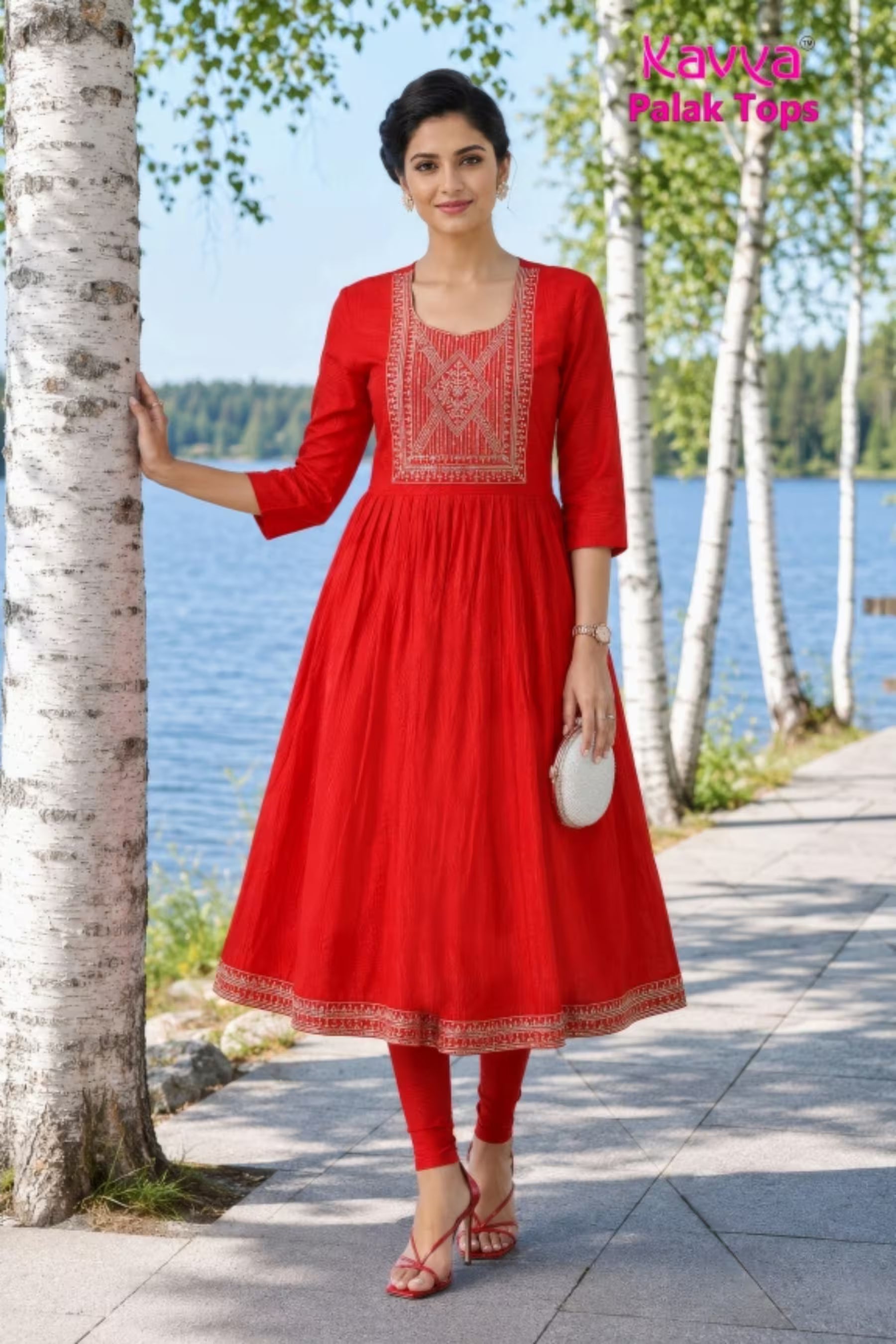 Kavya - Plain Vetican Fabric - Umbrella Cut - Beautiful Neck Embroidery Tops - KPT03