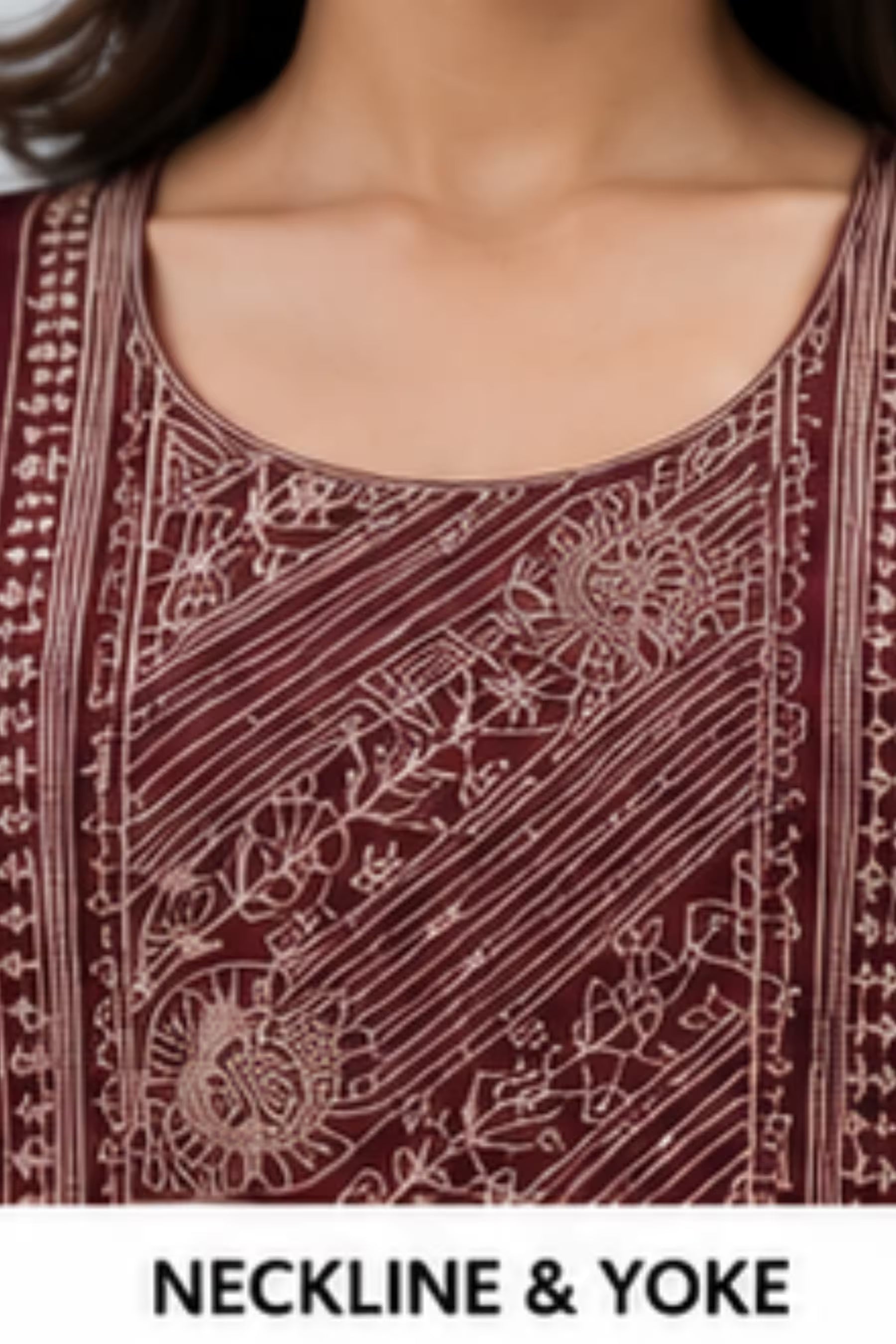 Close-up of a maroon neckline and yoke section of a garment with white printed floral and geometric patterns, on a model.