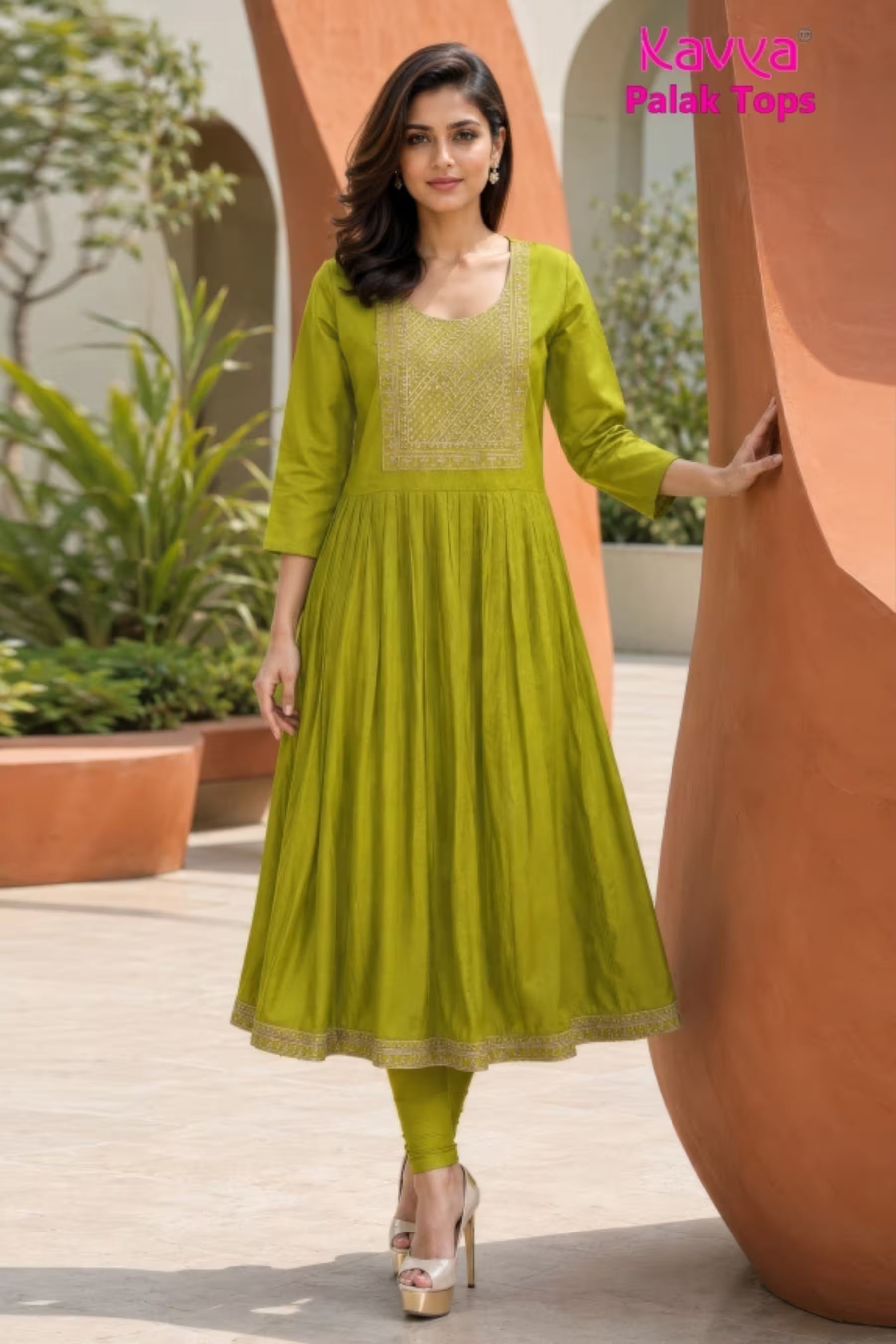 Kavya - Plain Vetican Fabric - Umbrella Cut - Beautiful Neck Embroidery Tops - KPT06