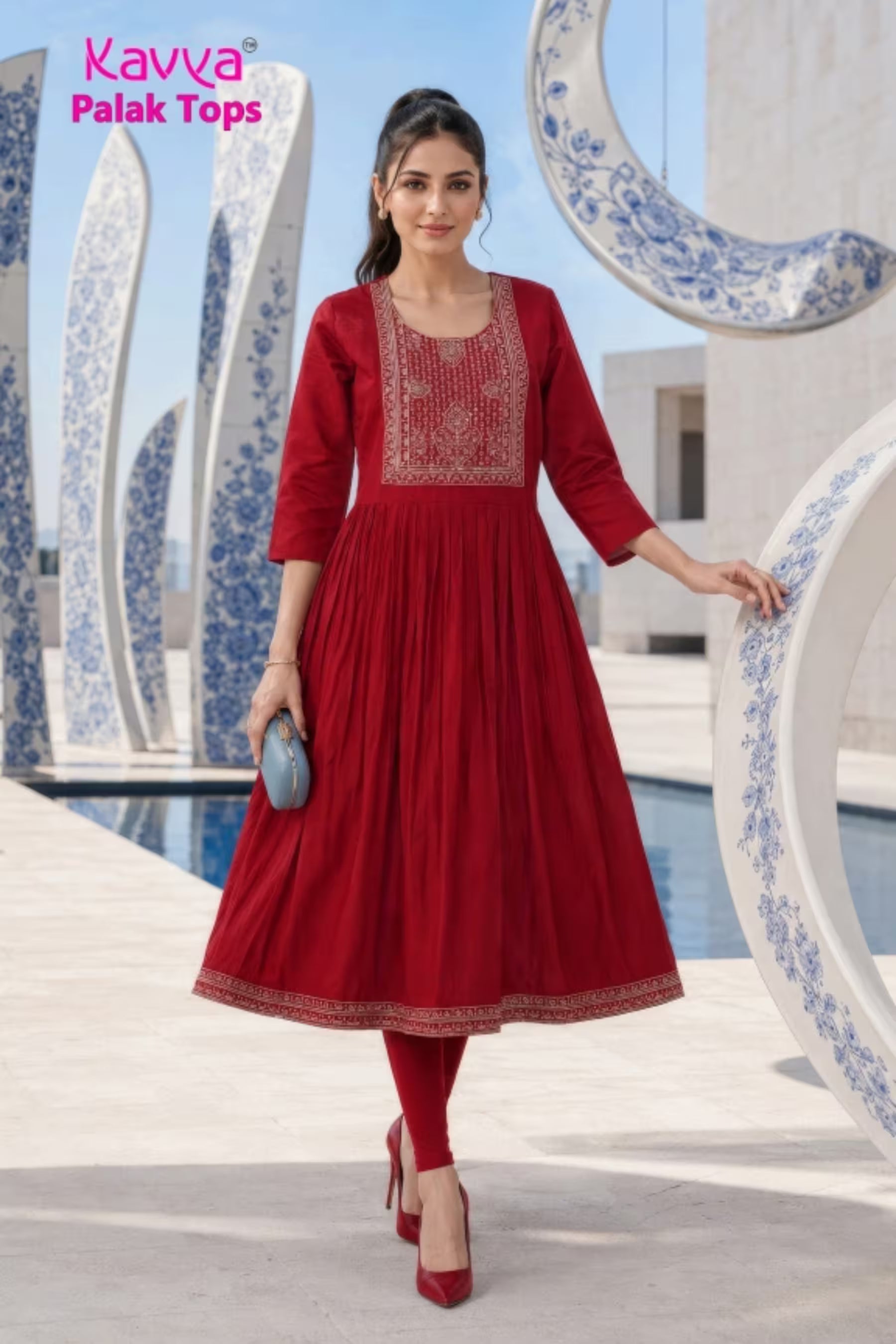 Kavya - Plain Vetican Fabric - Umbrella Cut - Beautiful Neck Embroidery Tops - KPT09