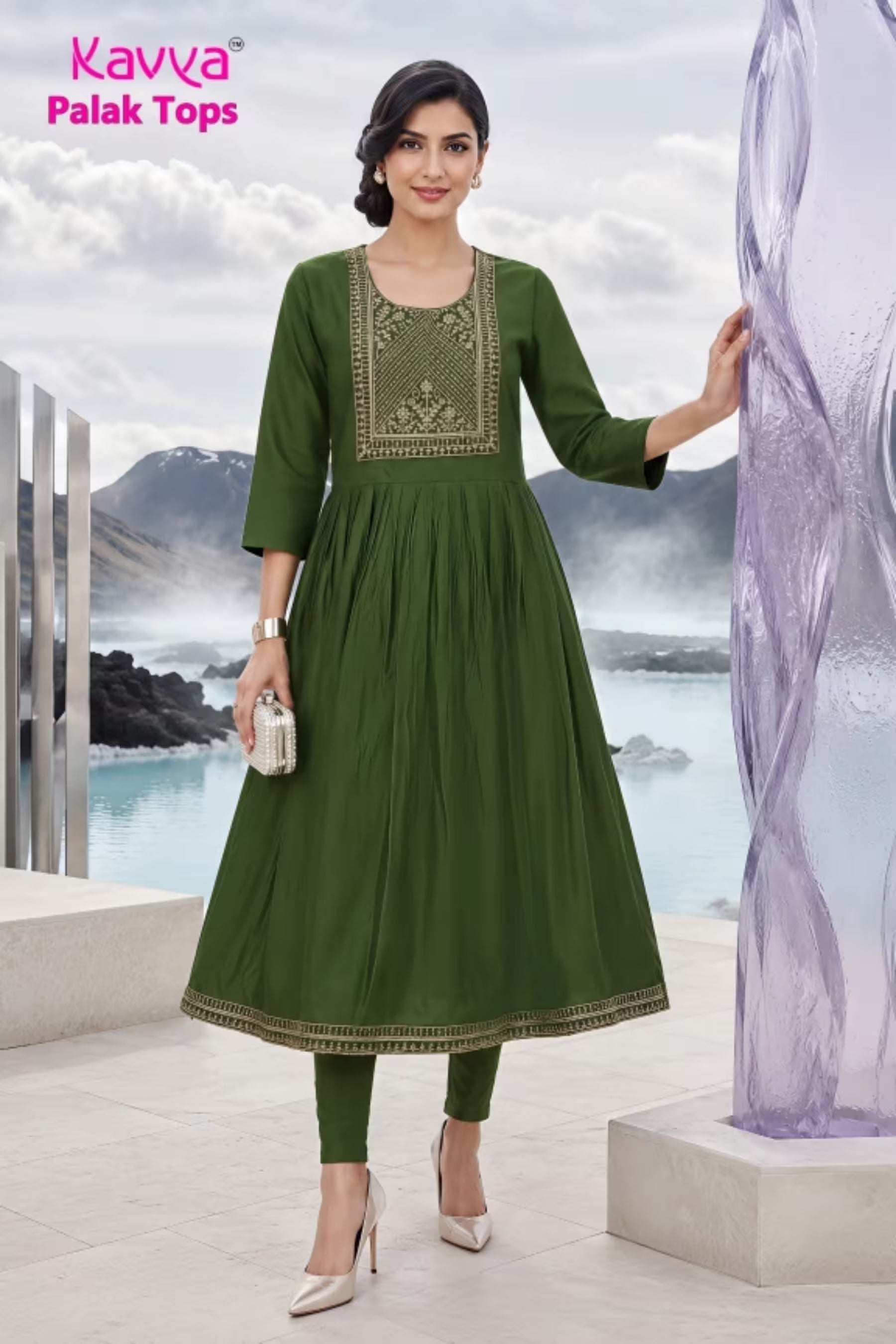 Kavya - Plain Vetican Fabric - Umbrella Cut - Beautiful Neck Embroidery Tops - KPT14