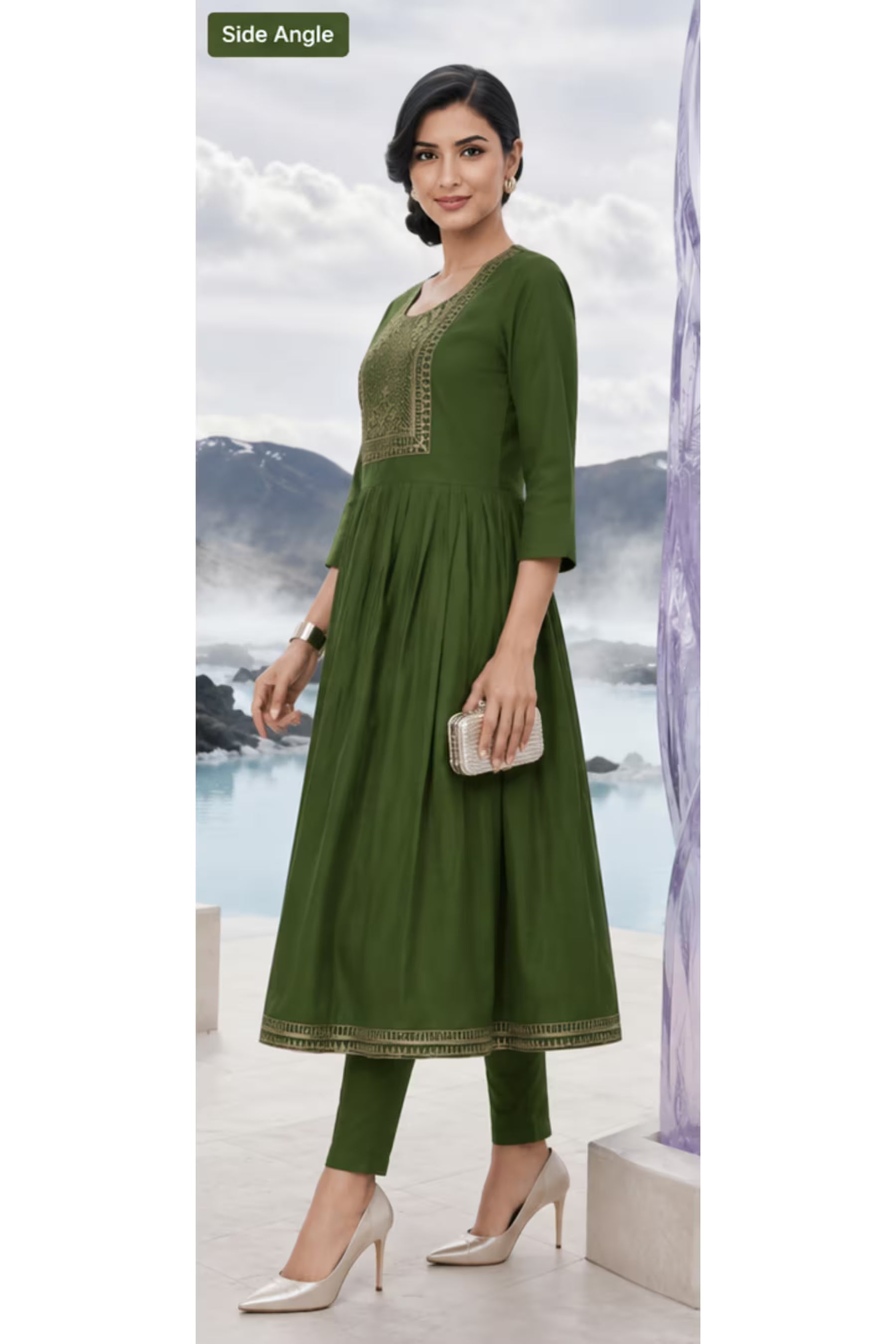 Kavya - Plain Vetican Fabric - Umbrella Cut - Beautiful Neck Embroidery Tops - KPT14 Secondary image